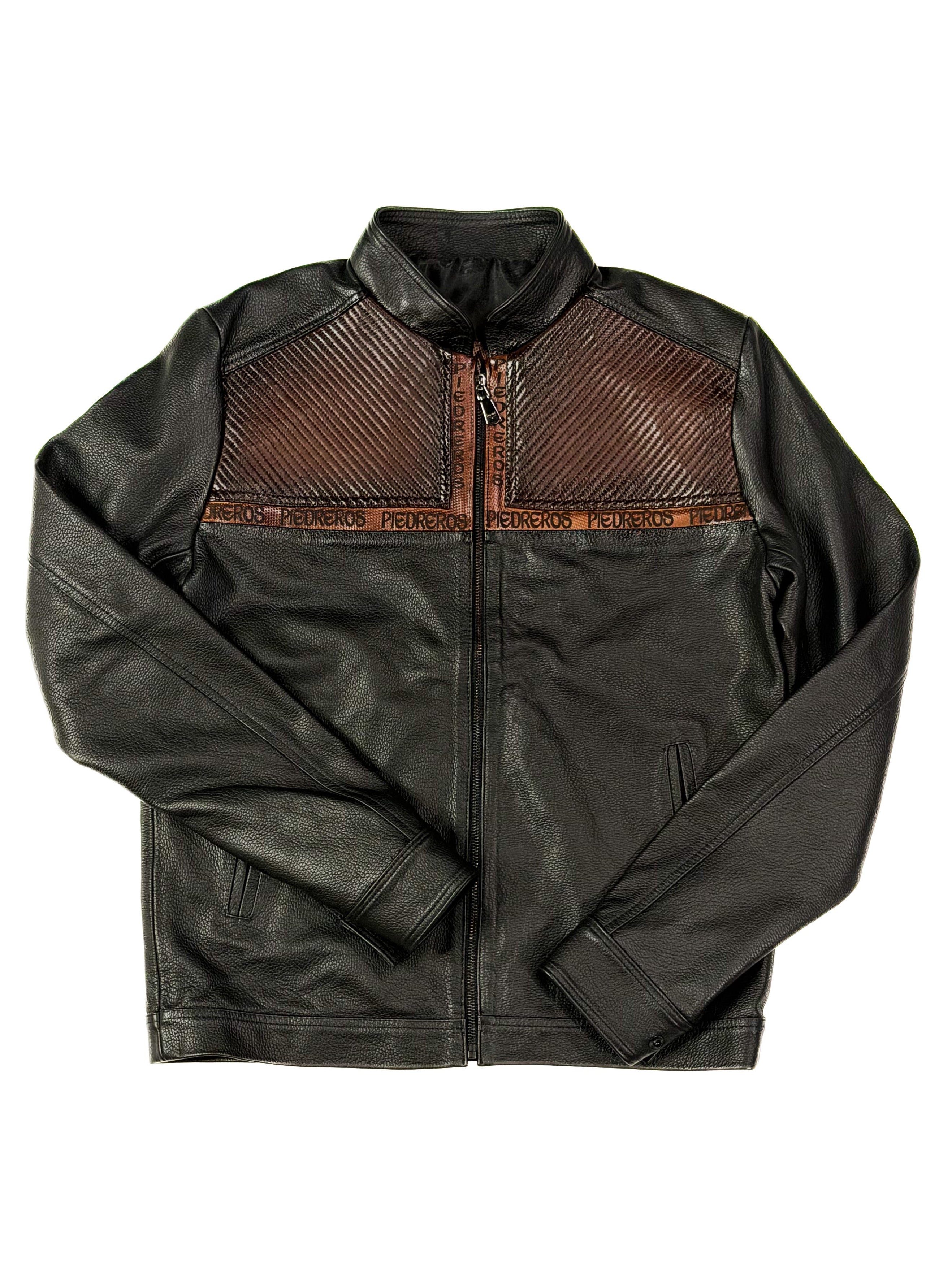 Black leather jacket with brown leather accents and piedreros logo
