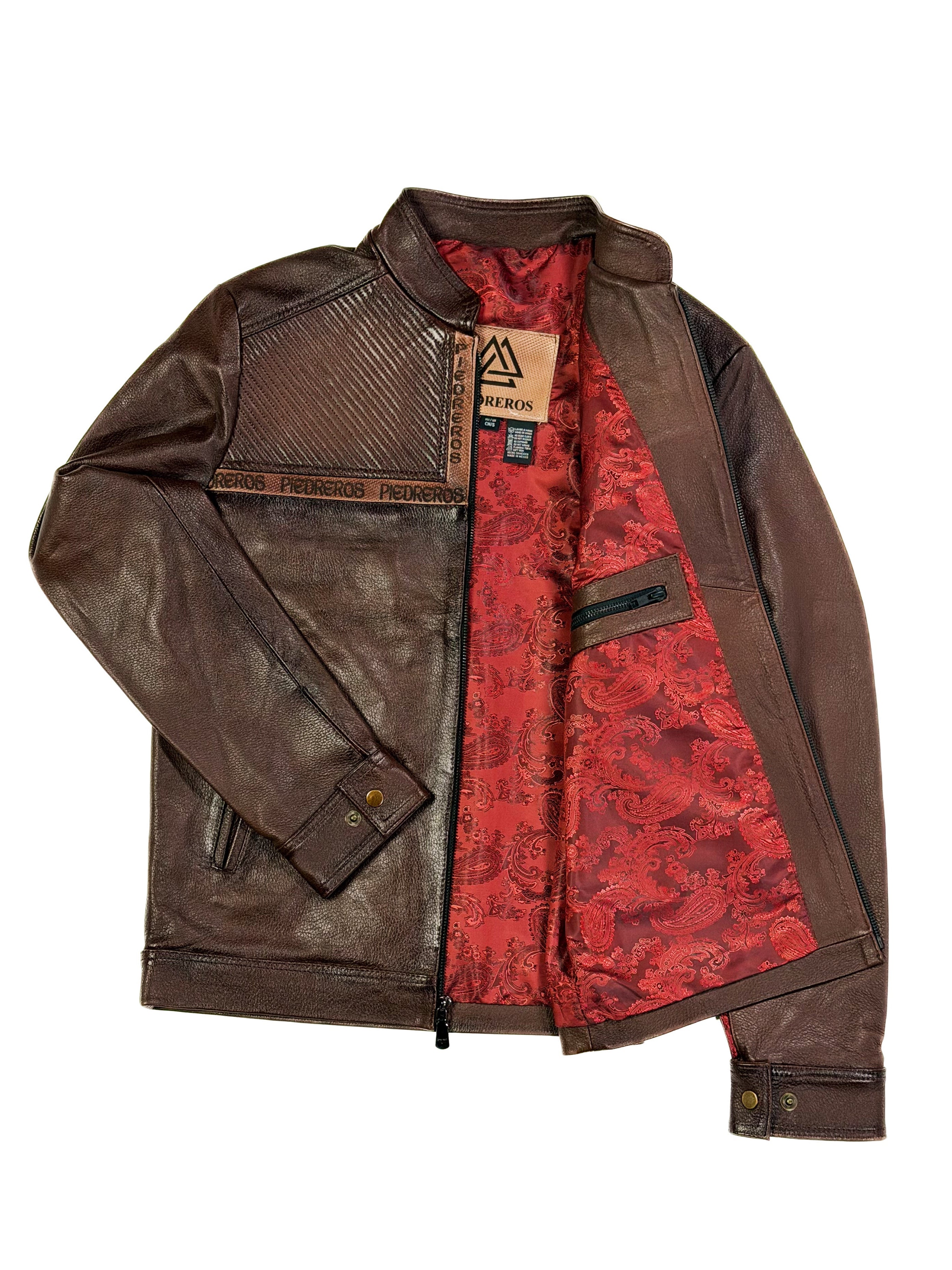 Plain Brown leather jacket with red interior lining