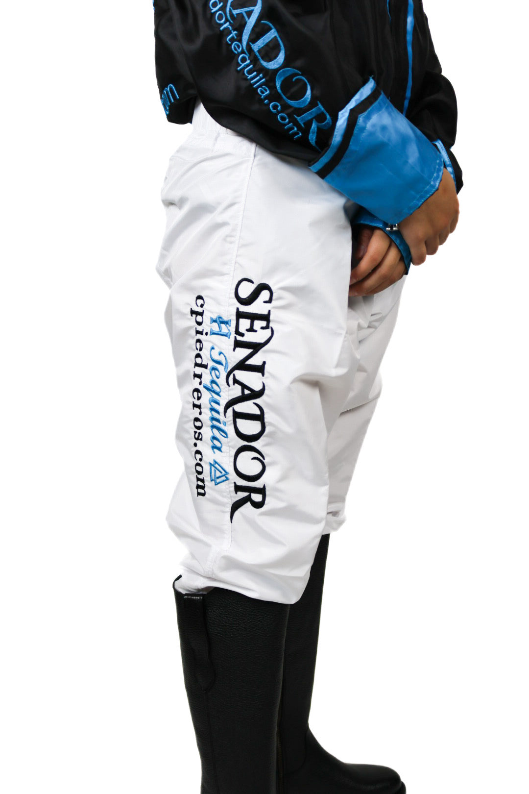 side close up of jockey pants white, black, and blue