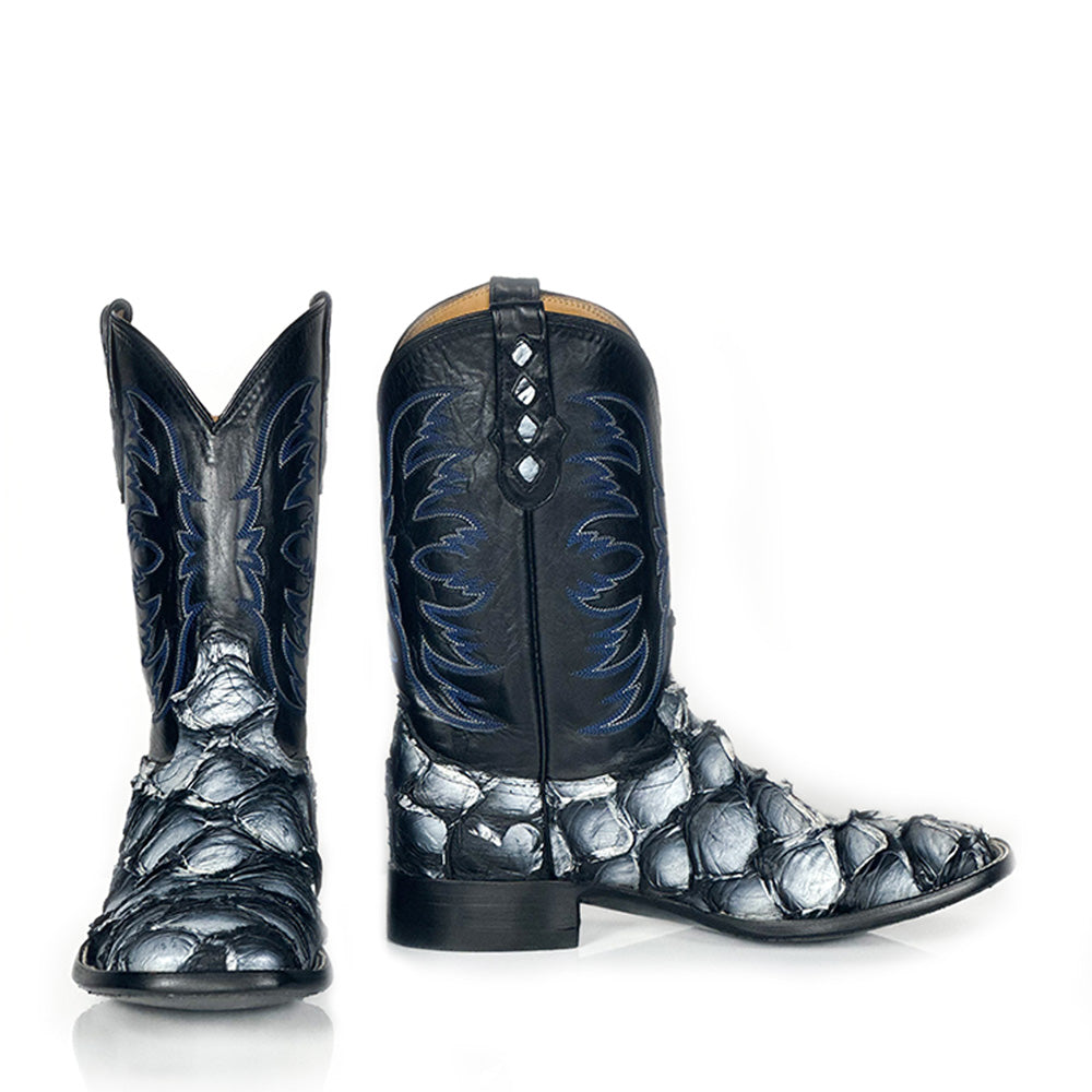 Pirarucu Fish -Orca Blue Boot — side view of handmade pirarucu boots