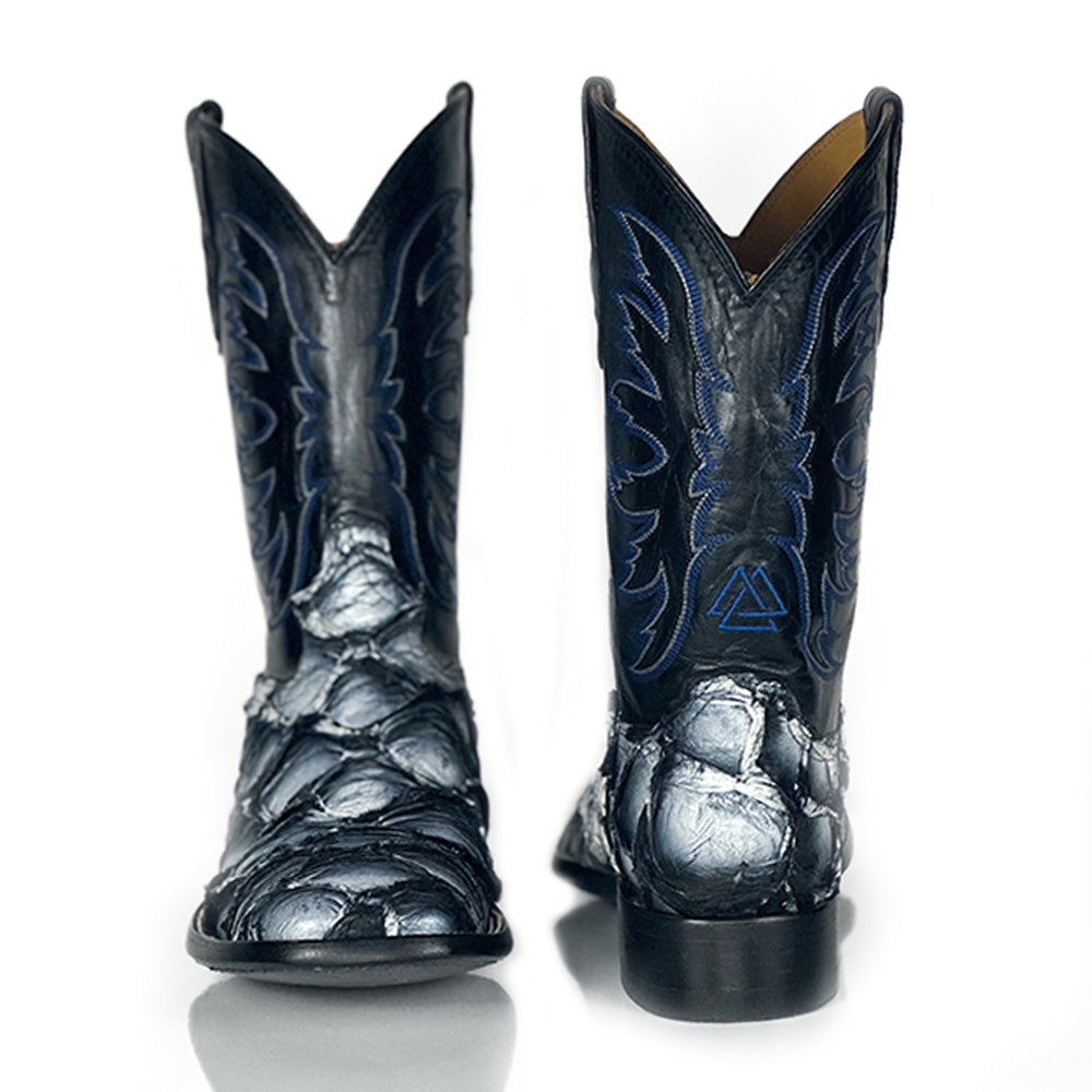 Pirarucu Fish -Orca Blue Boot — angled view of handmade pirarucu boots