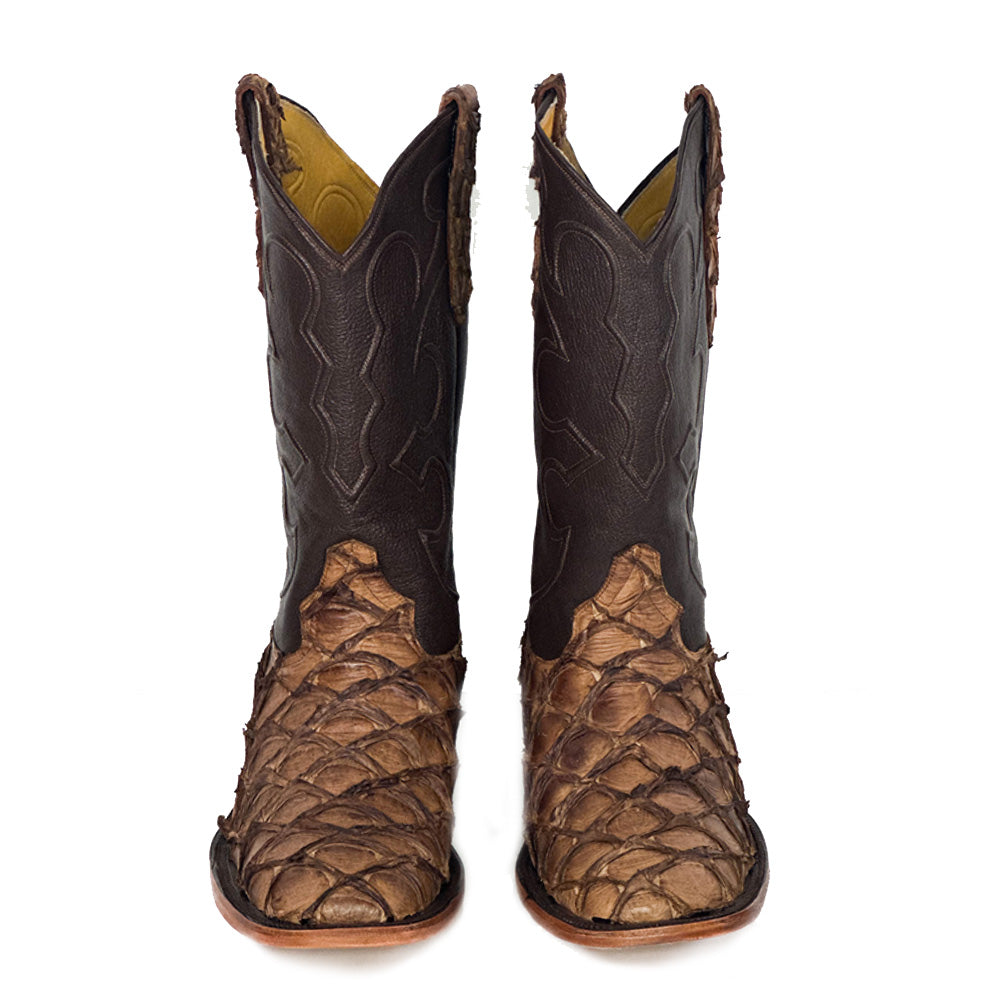 Pirarucus Cider Fish Western Boot — detail shot of handmade pirarucu boots
