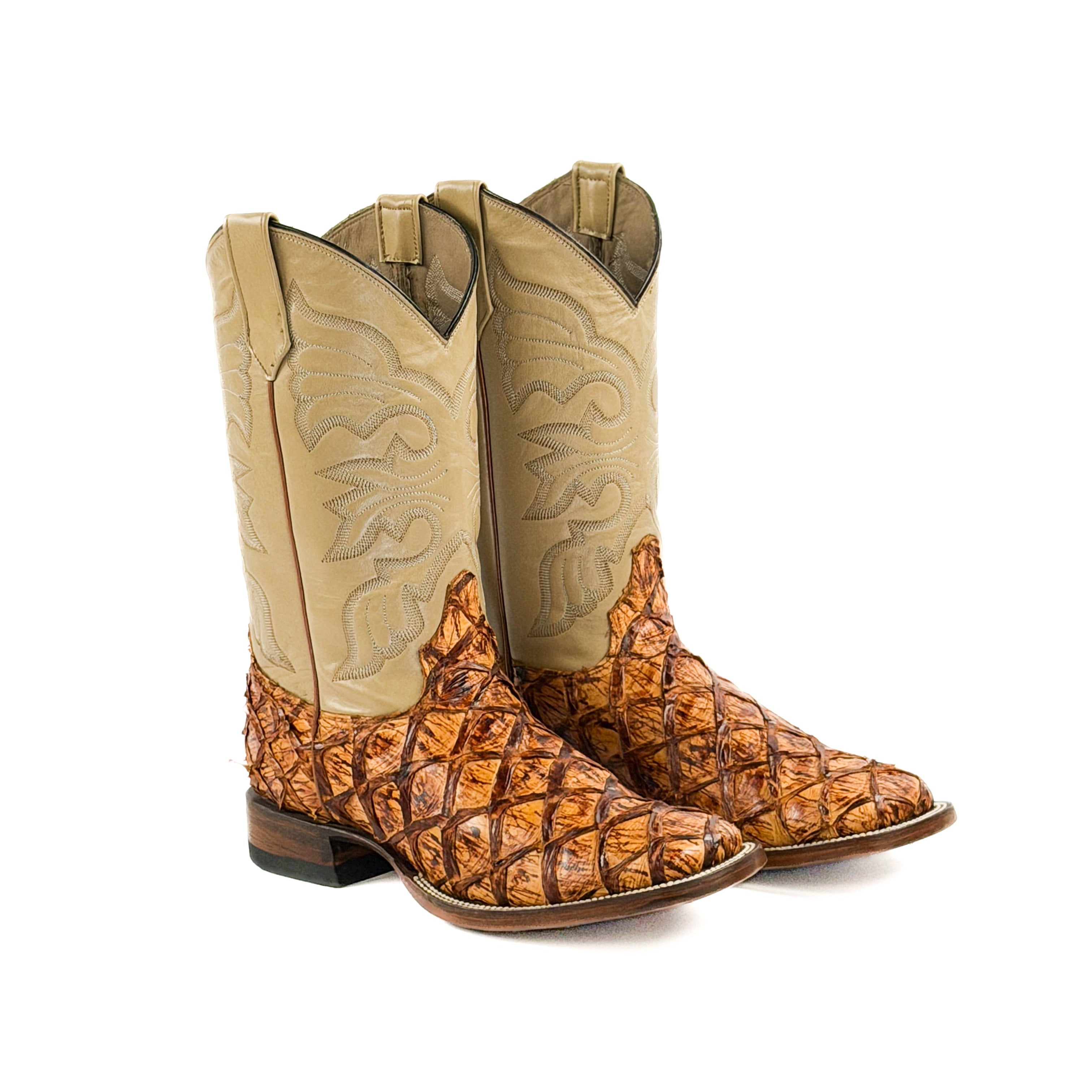 Pair of orange and brown cowboy fish boots with a ditched upper shaft