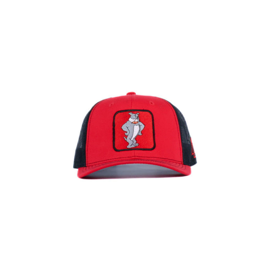red and black cap with gray bulldog