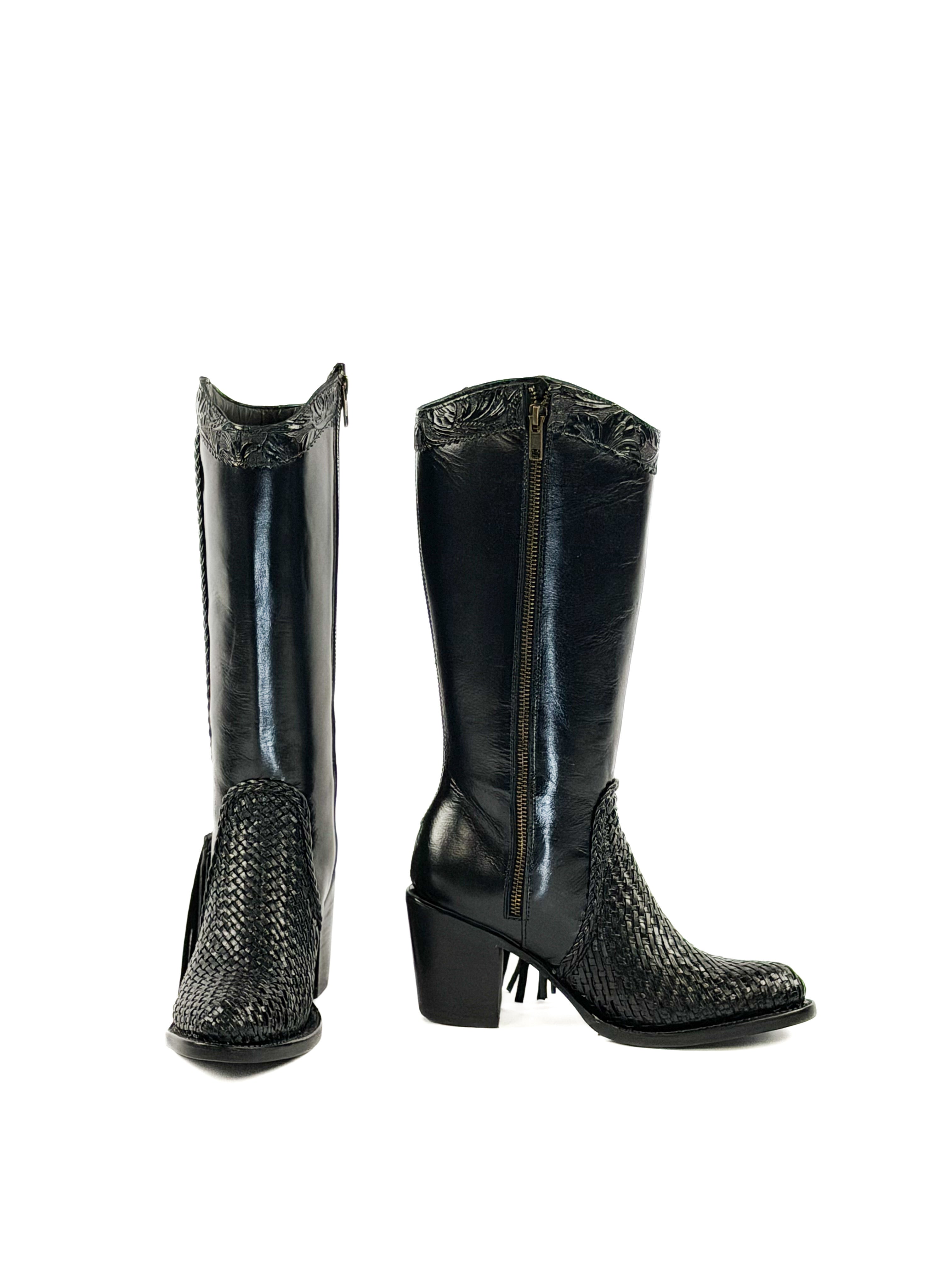 Pair of black mid calf leather boots with round toe knitted design