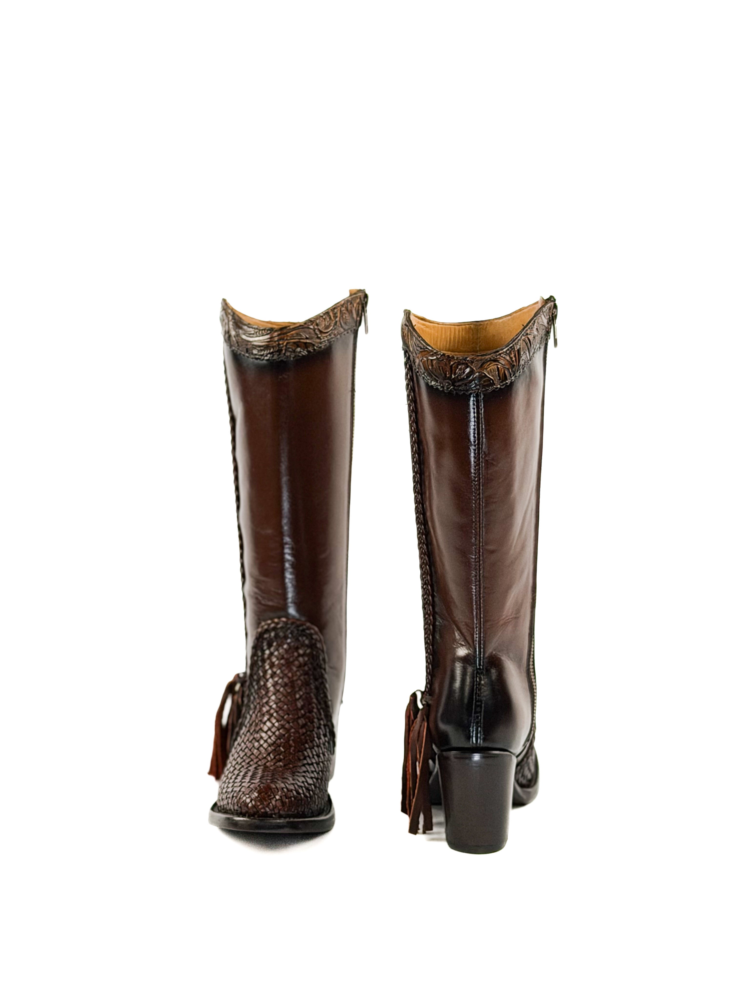 Pair of Brown Sleek leather boots with round toe brown knitted leather elements and a 3 inch heel