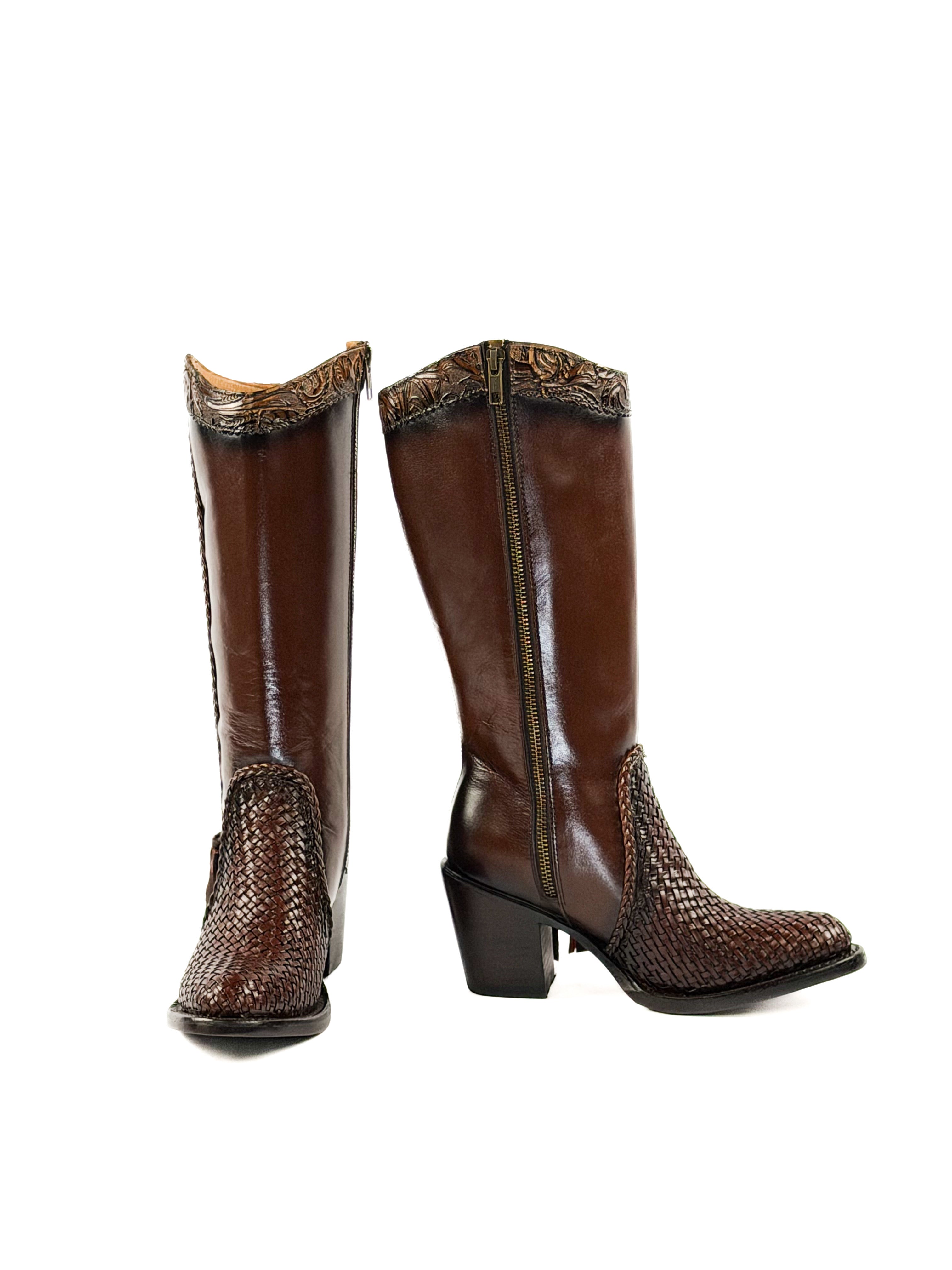 Pair of Brown Sleek leather boots with brown round toe knitted leather elements and a 3 inch heel