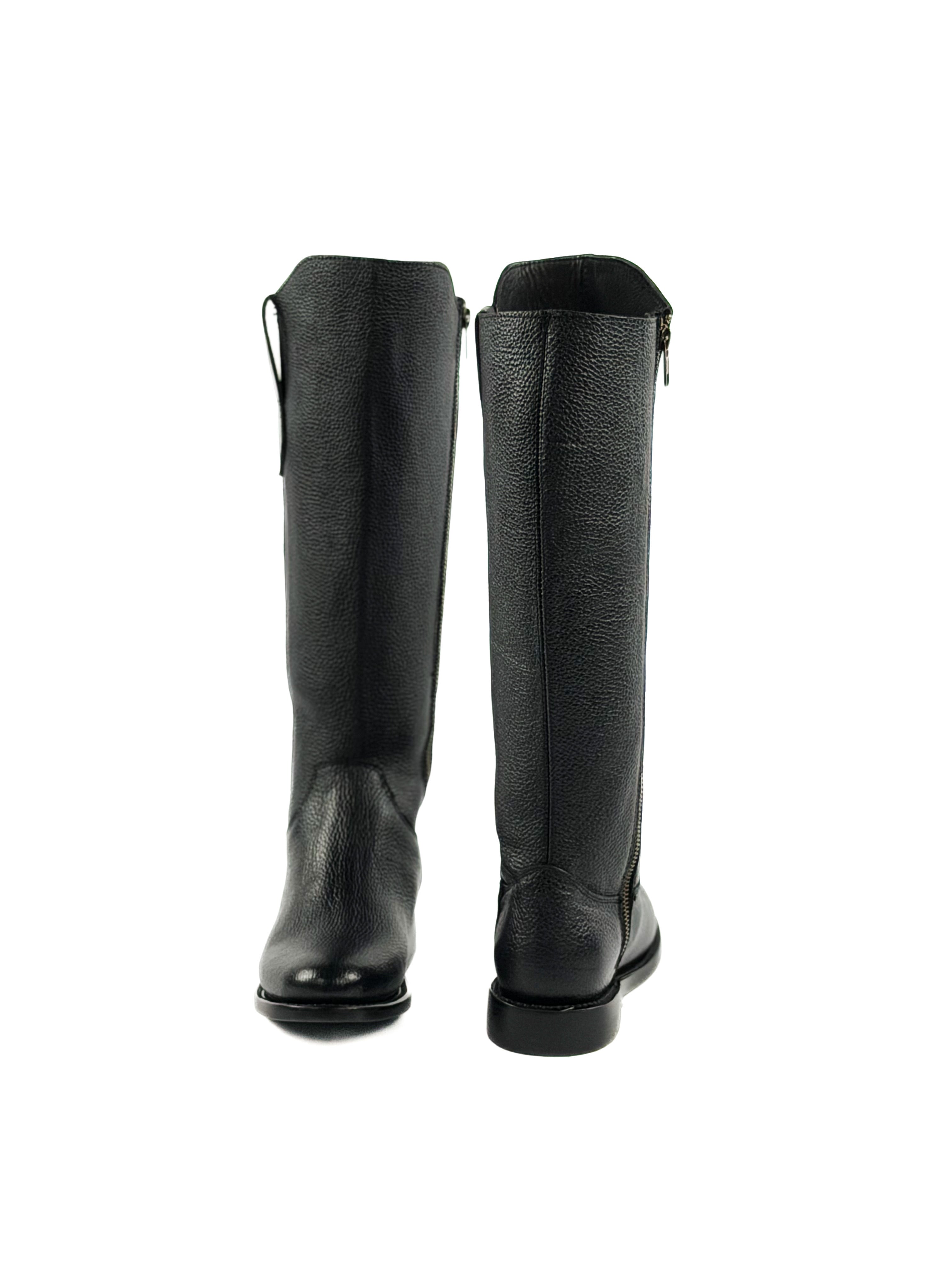 Pair of black round toe below the knee boots, low shaft, riding boots