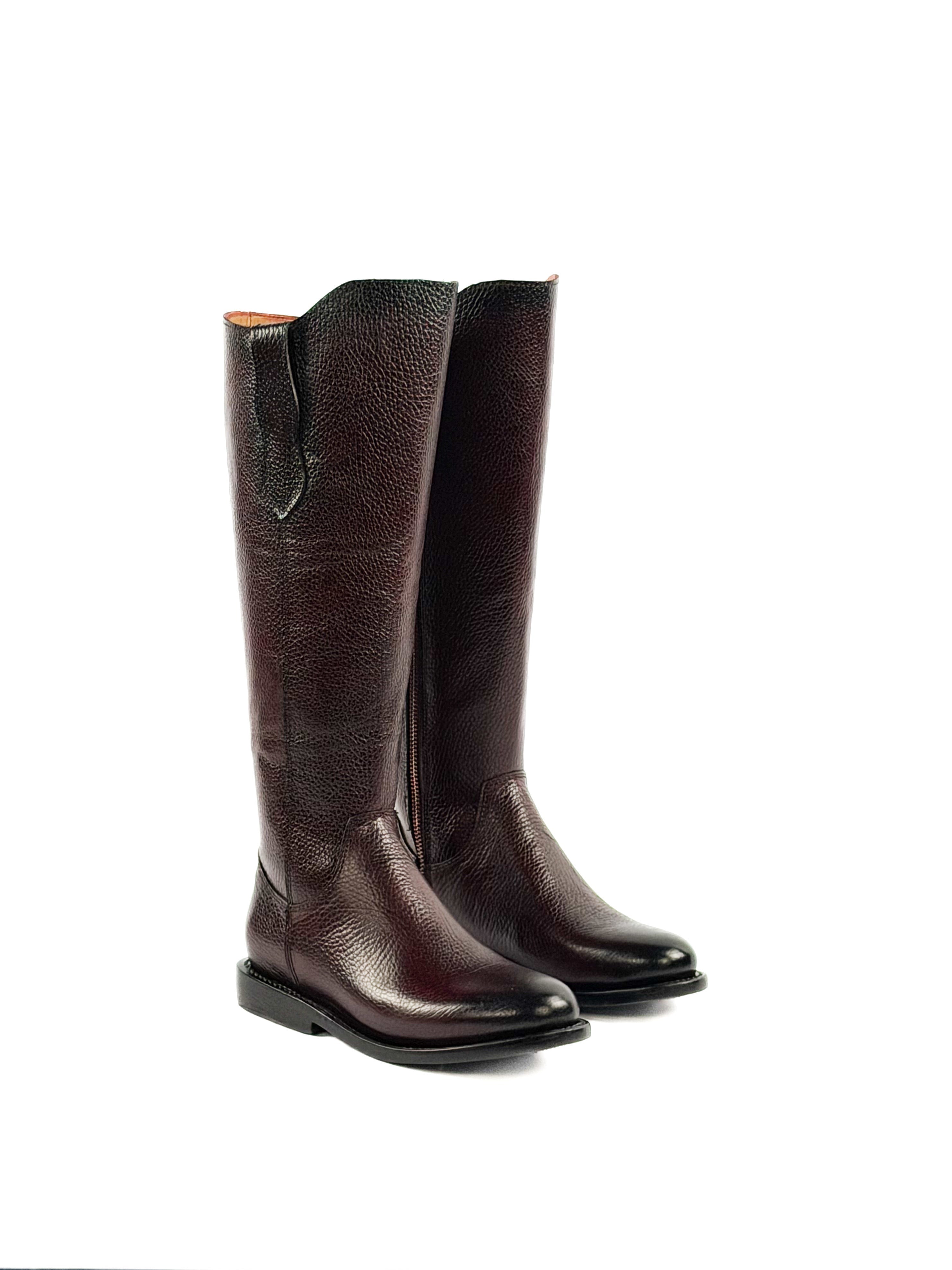 Pair of cherry red round toe below the knee boots, low shaft, riding boots