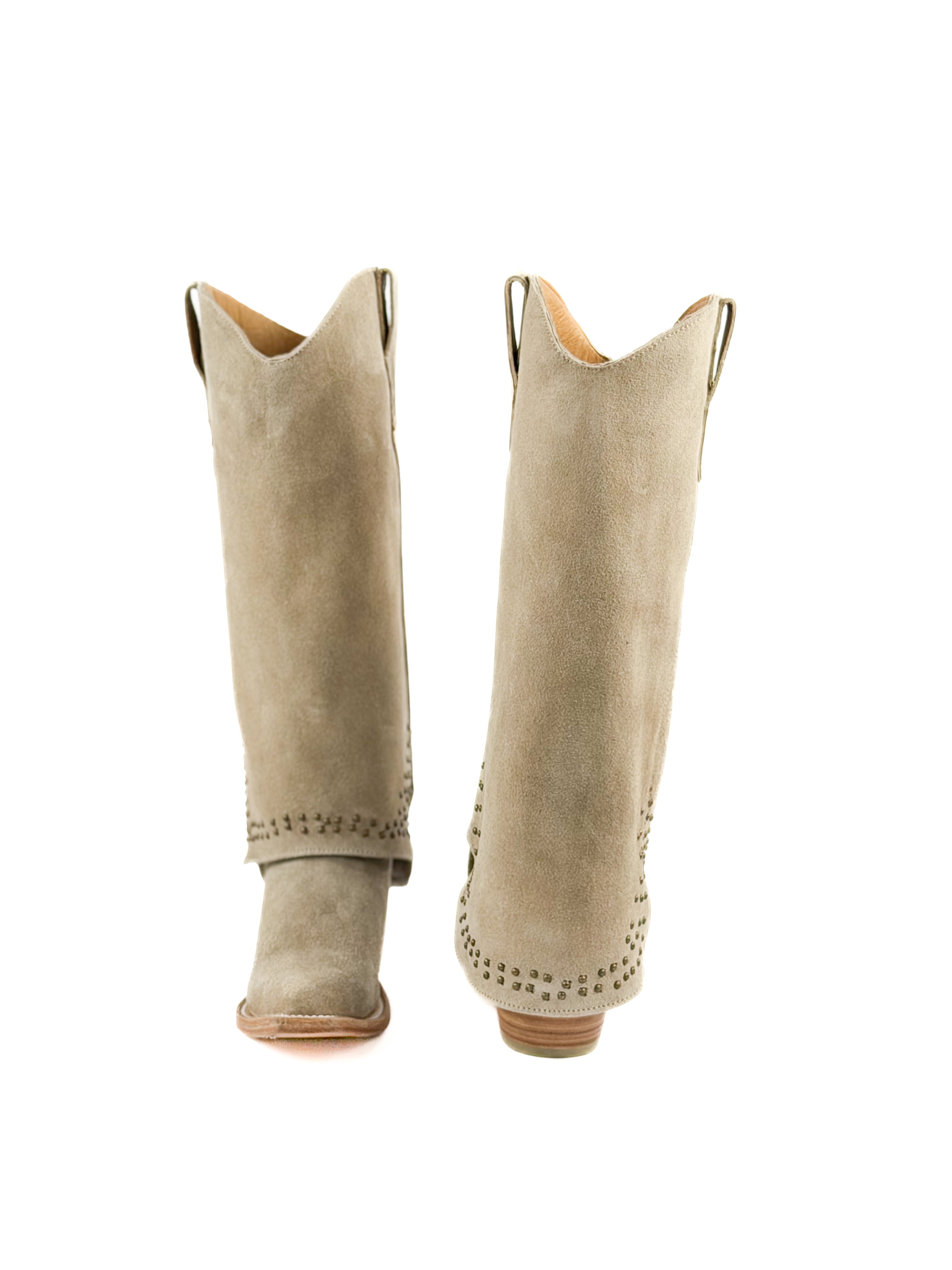 Pair of beige snip toe women’s boots with studded shaft