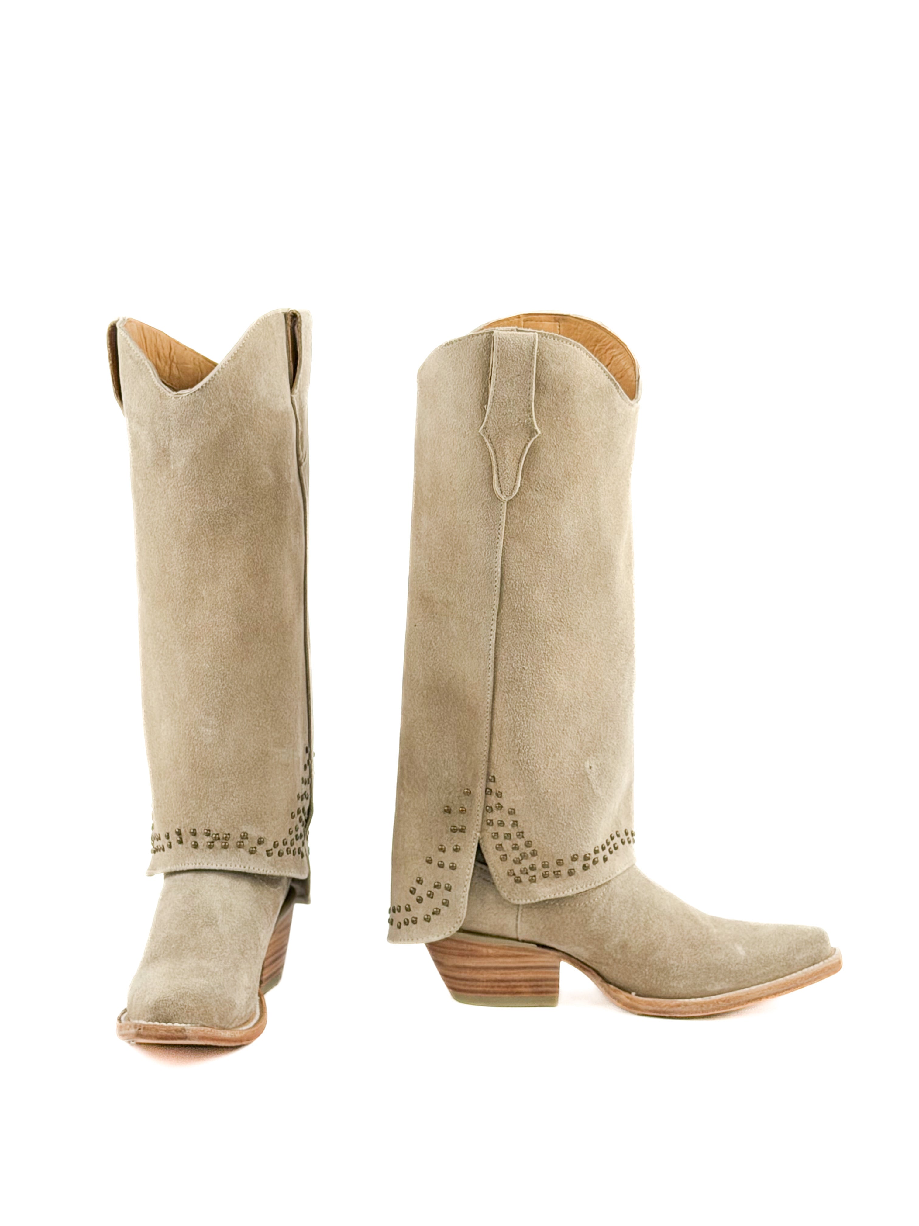 Pair of beige snip toe women’s boots with studded shaft