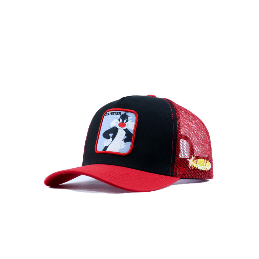 Black and red cap with a sylvester patch on a white background