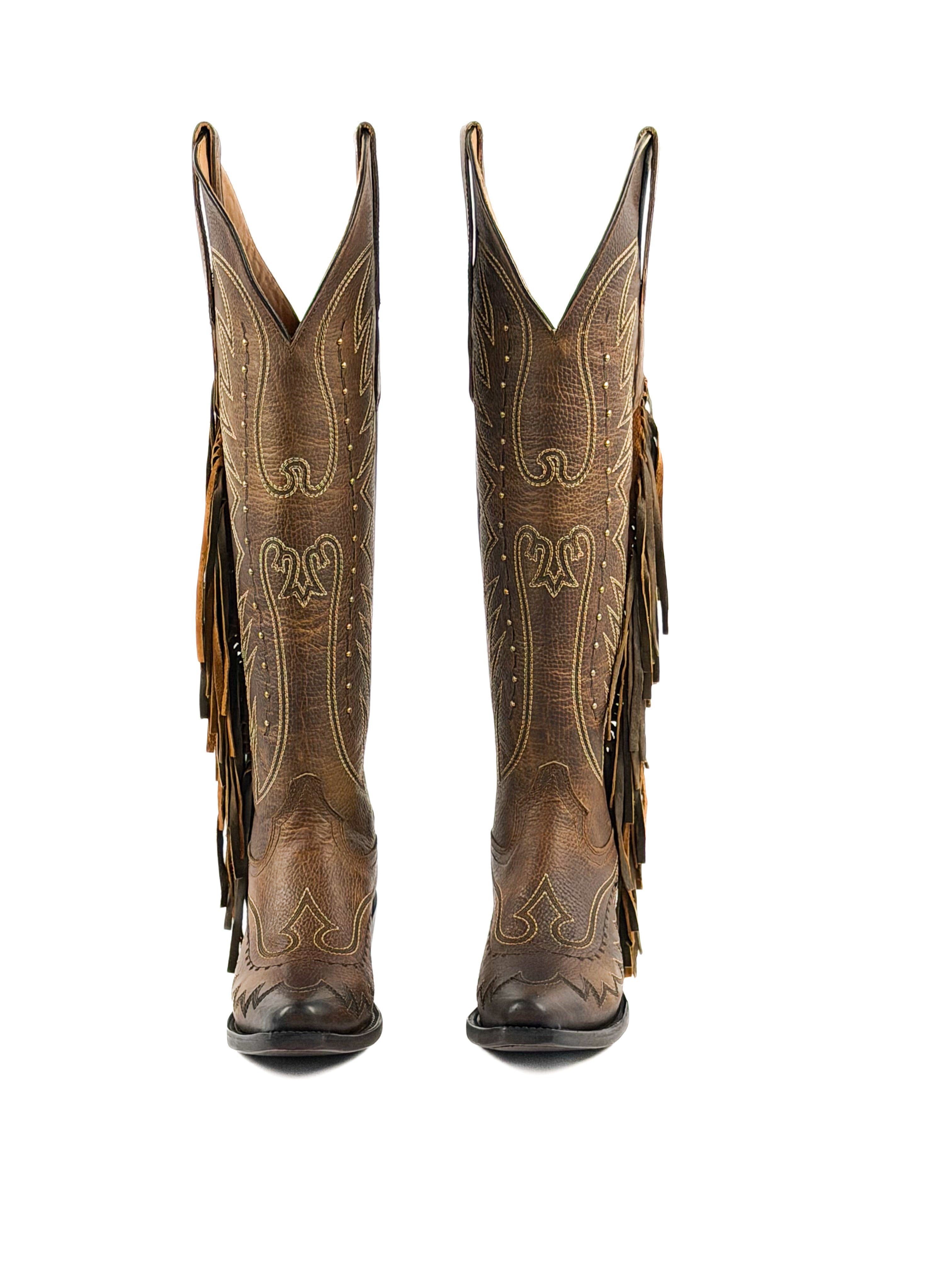 Pair of honey snip toe cowgirl boots with fringe and 2 inch heel