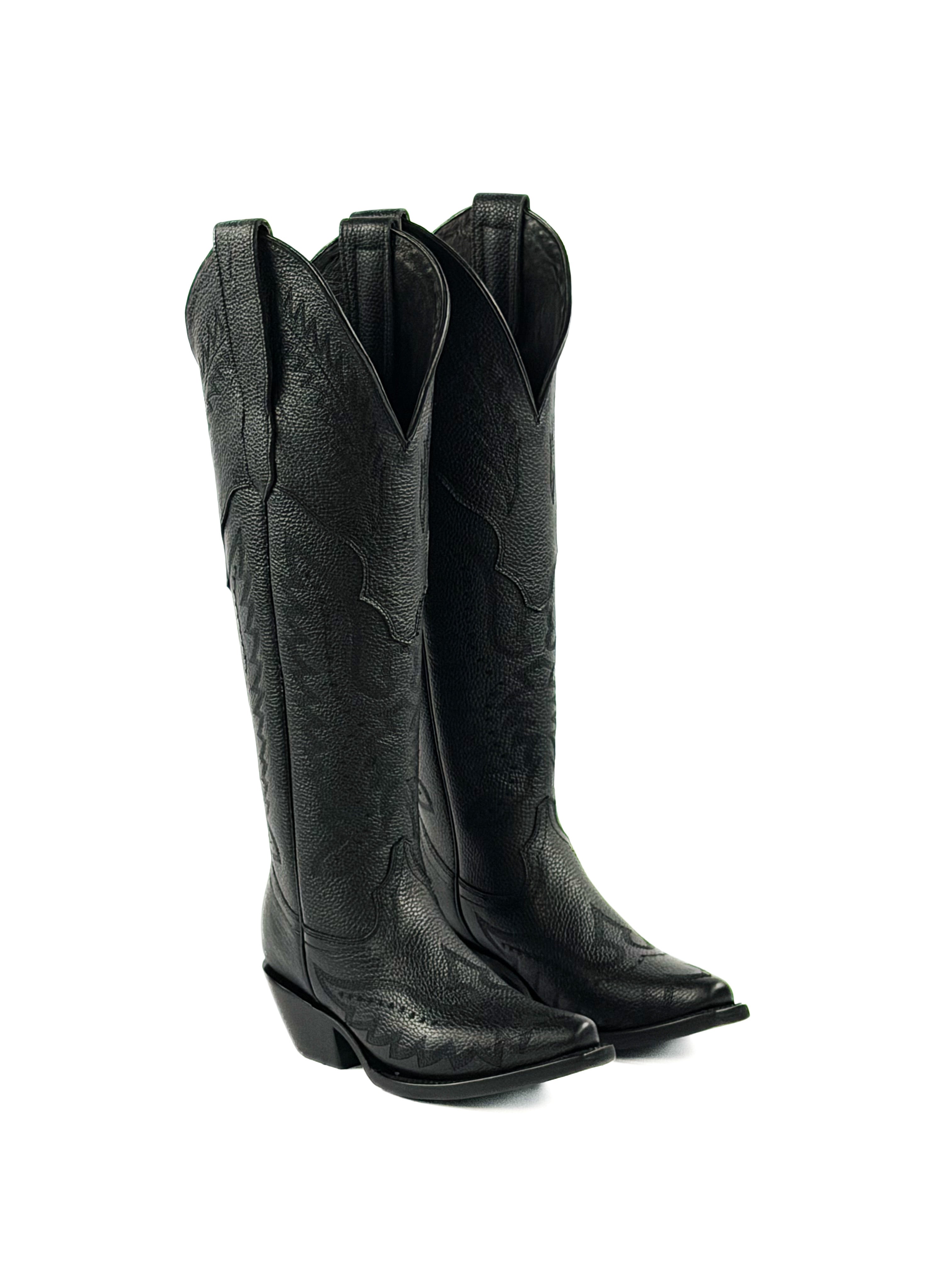 Pair of black knee-high cowgirl boots with intricate stitching designs and 2 inch heel