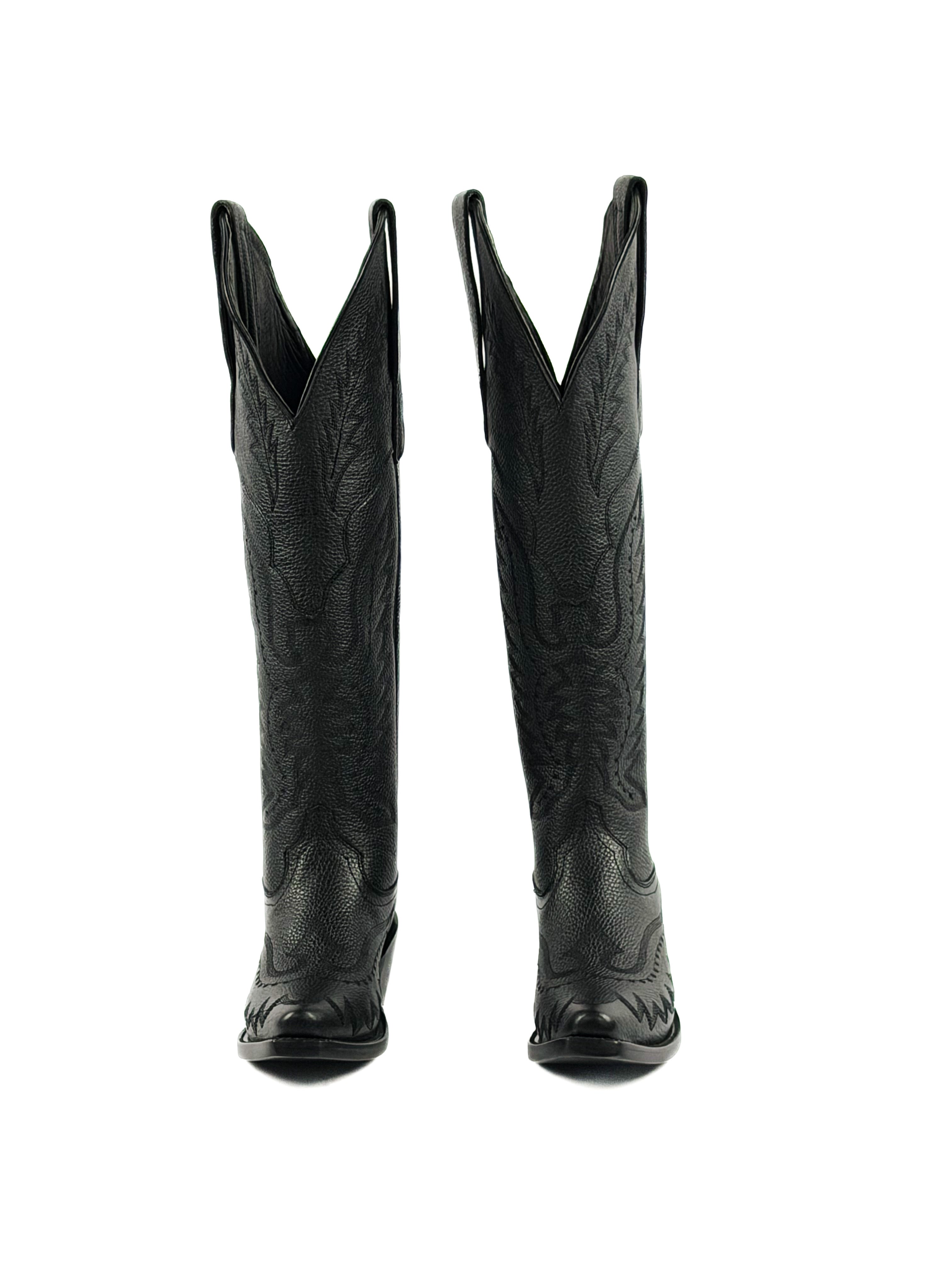 Pair of black knee-high cowgirl boots with intricate stitching designs and 2 inch heel