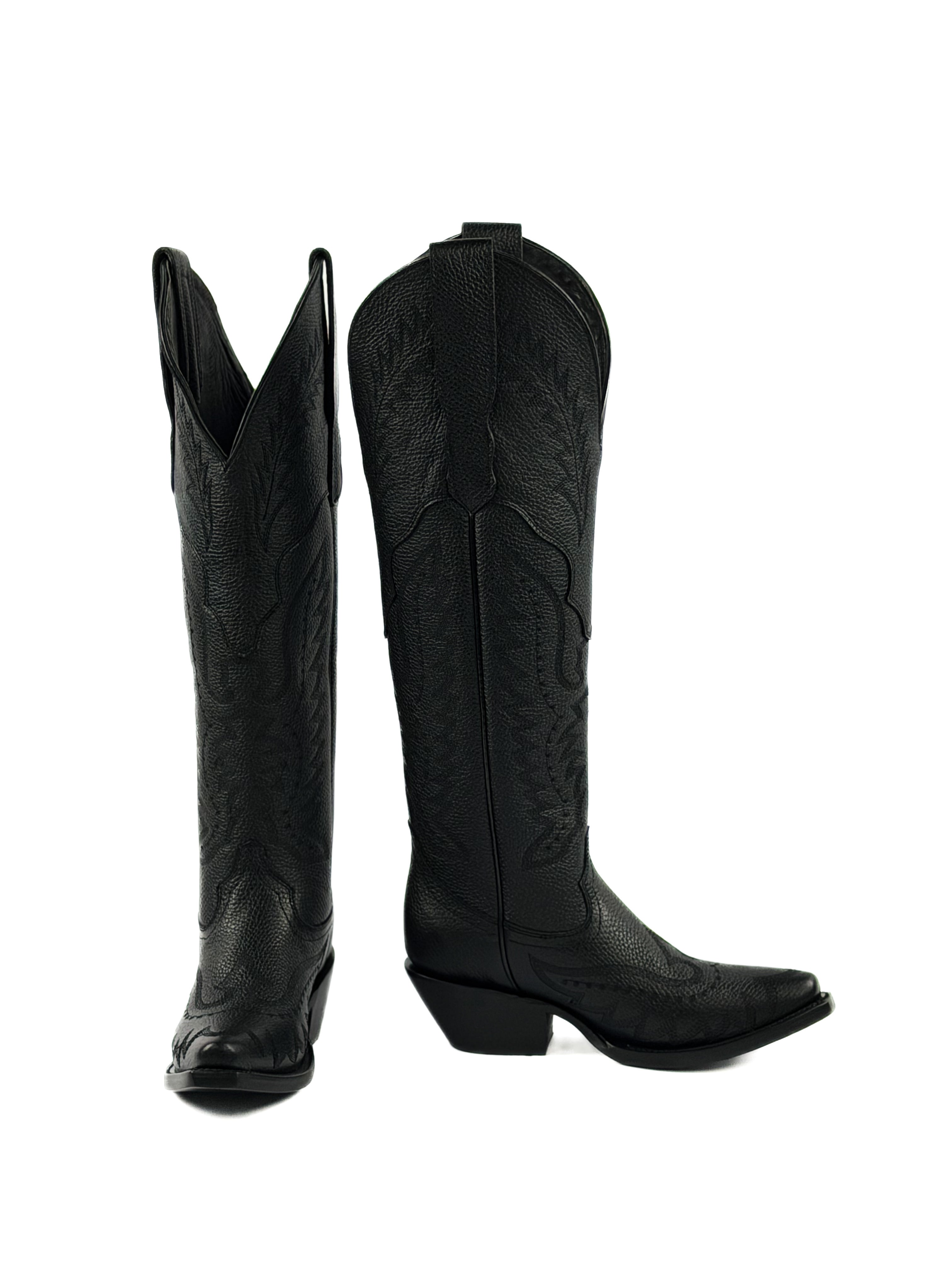 Pair of black knee-high cowgirl boots with intricate stitching designs and 2 inch heel
