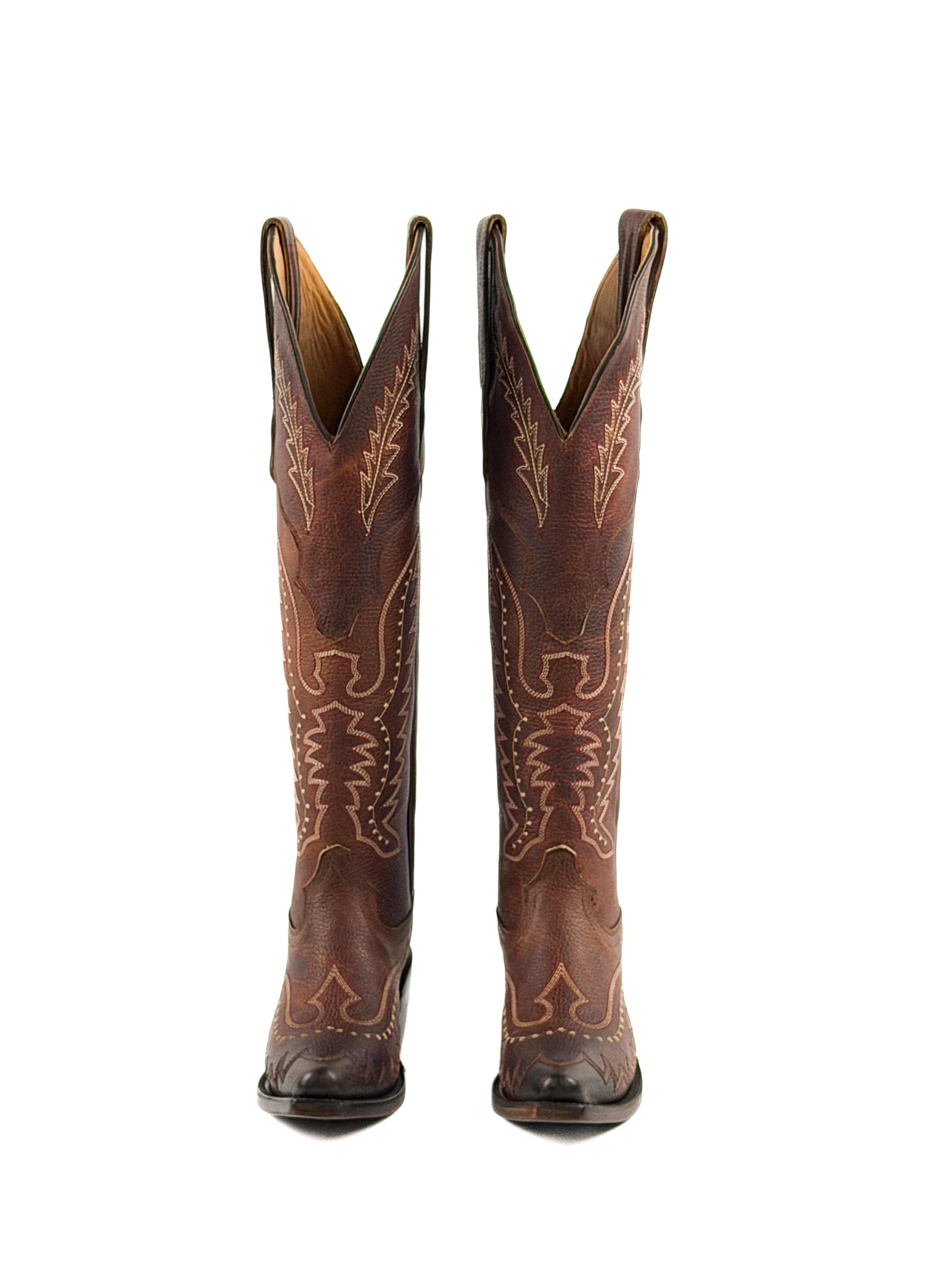 Pair of red brown knee-high cowgirl boots with intricate stitching designs and 2 inch heel