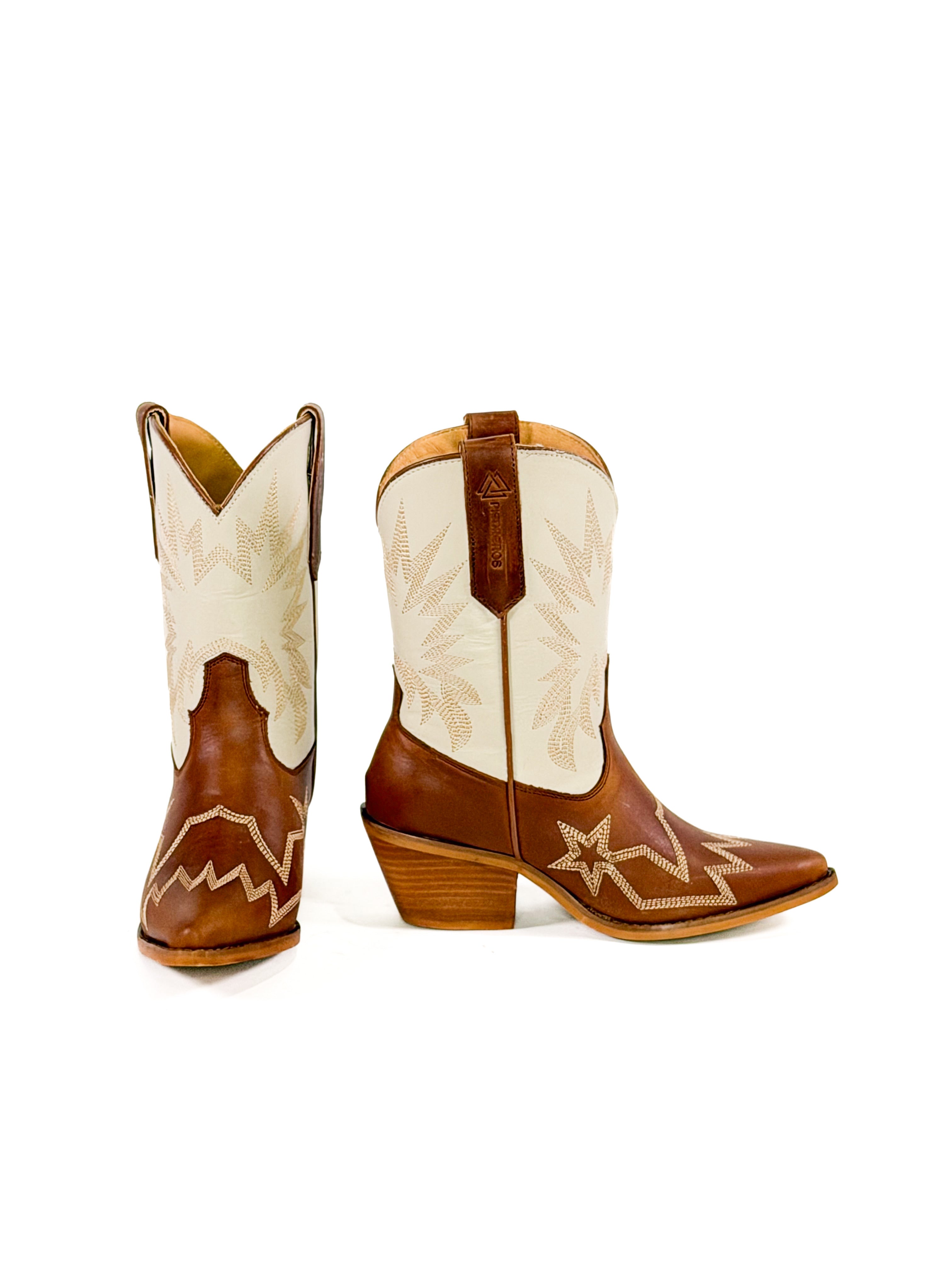 Brown and white leather snip toe cowgirl boots
