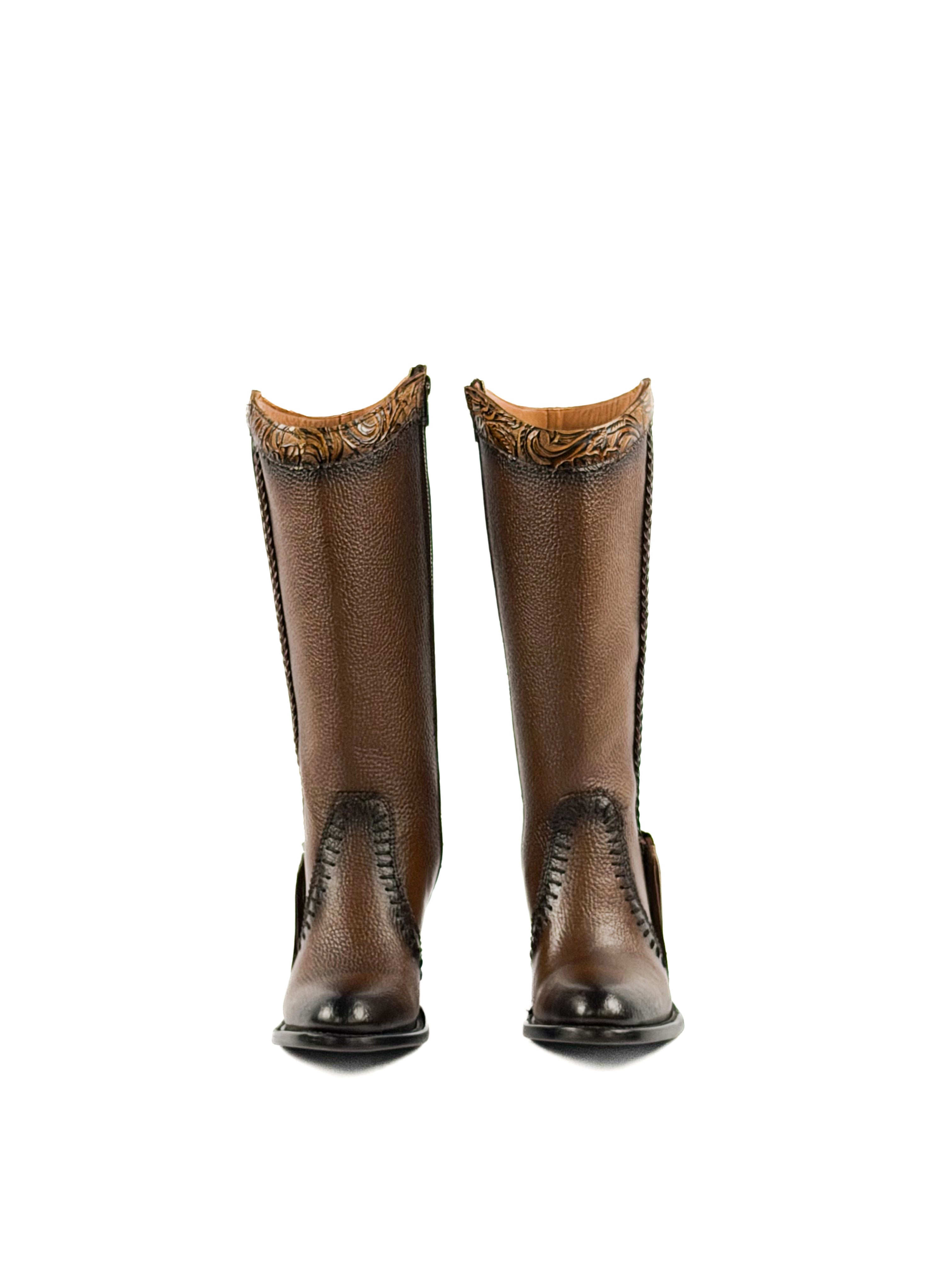 Pair of round toe honey brown leather boots with decorative elements
