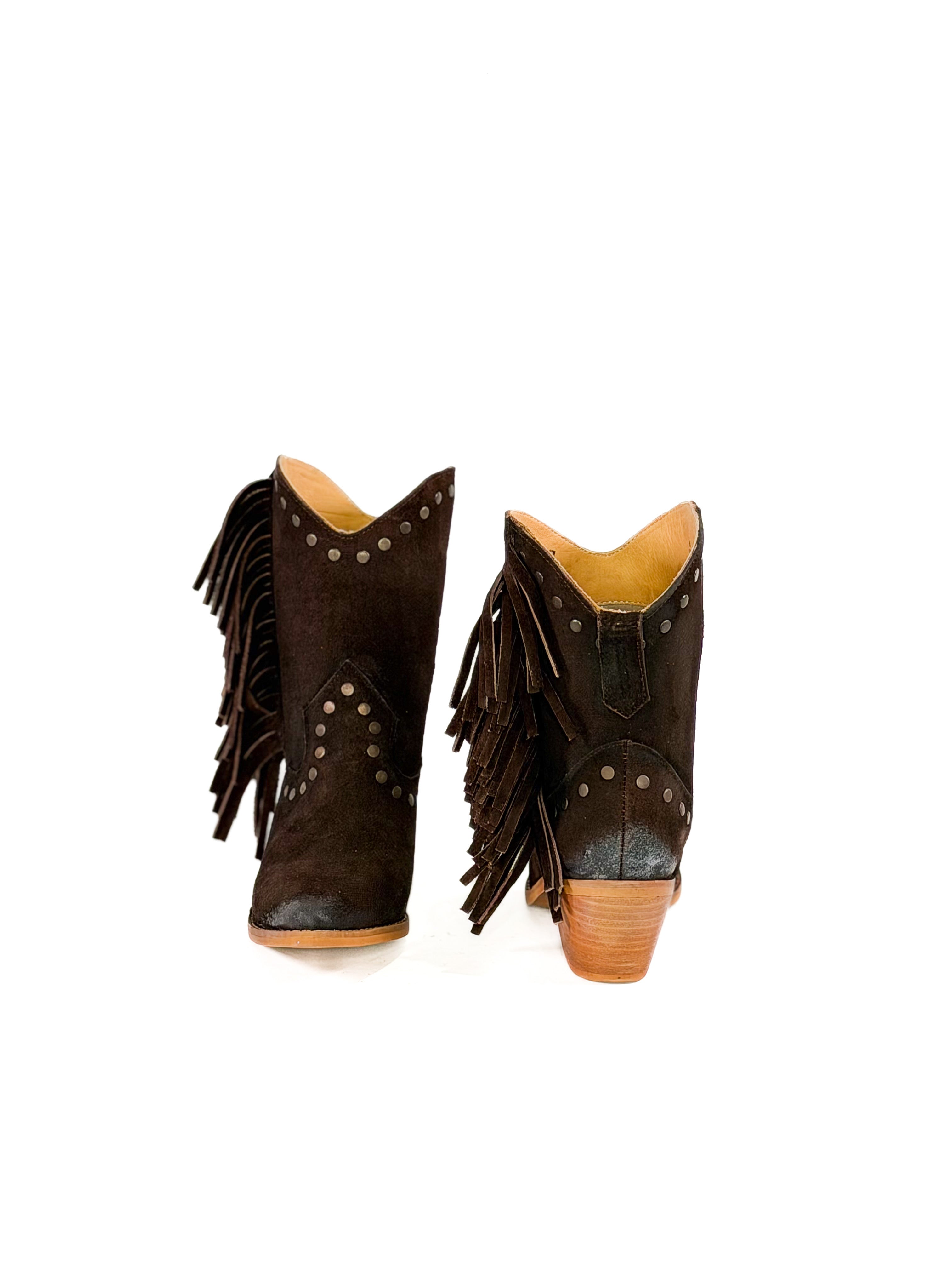 Brown suede cowgirl studded ankle booties