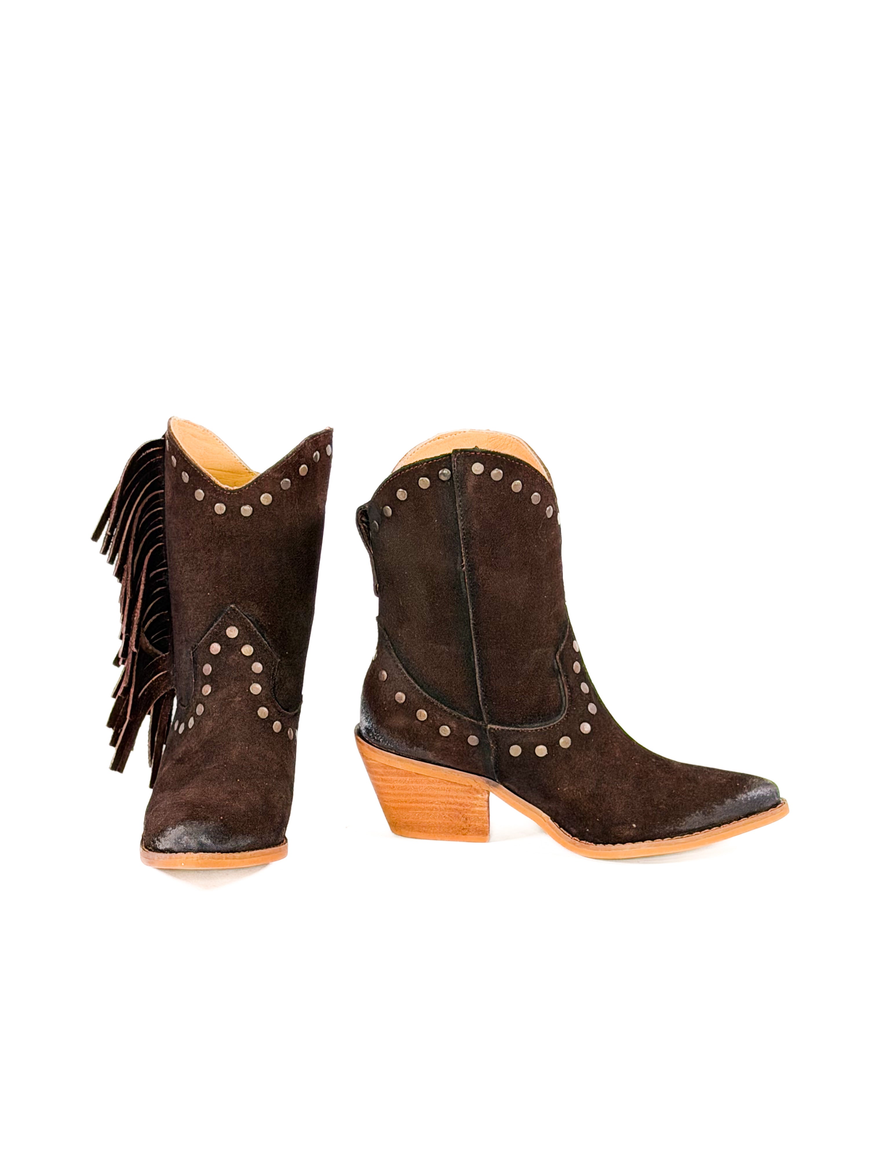 Rustic brown suede studded cowgirl boots