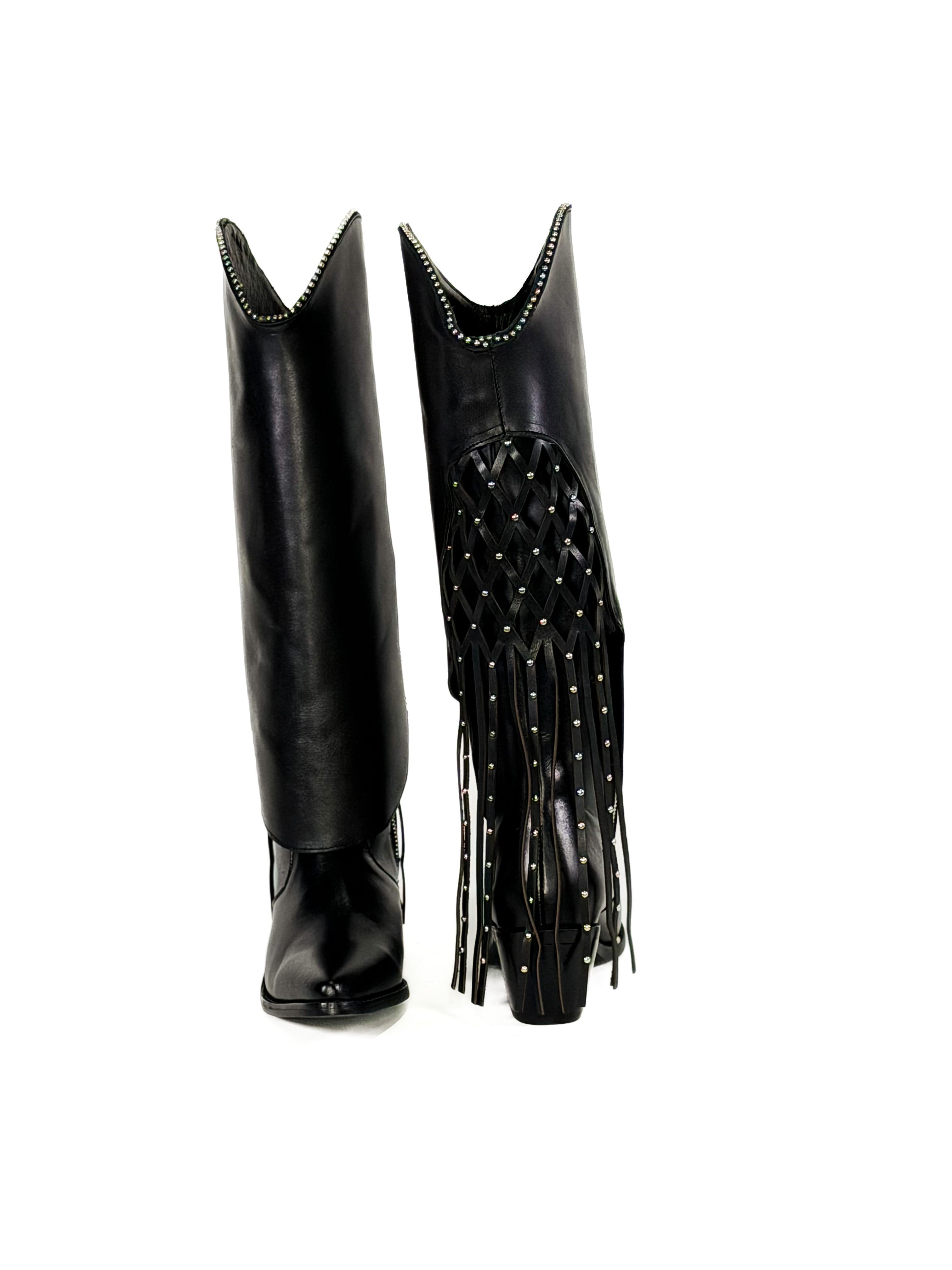 Black fringe studded zipper leather cowgirl boots