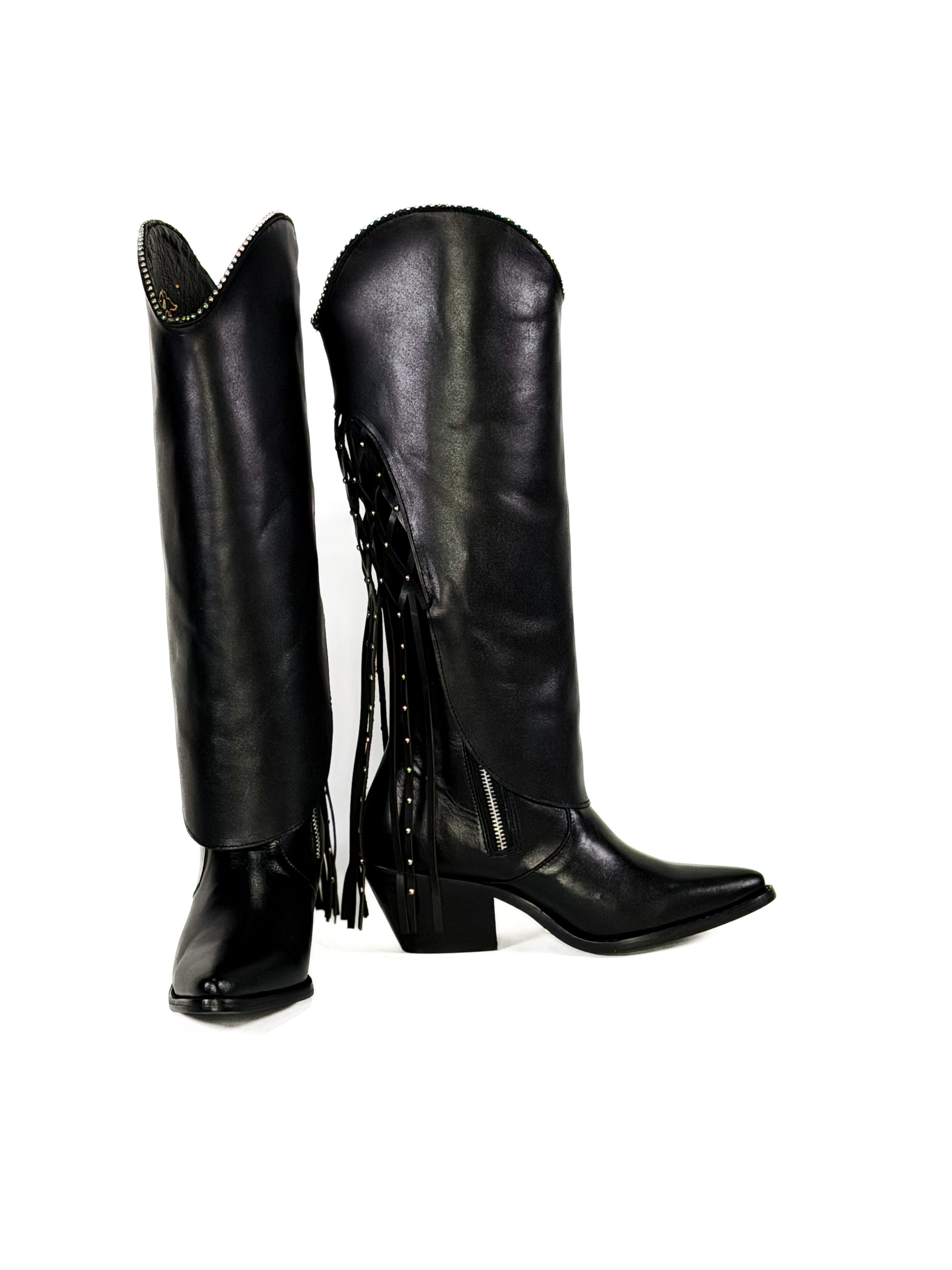 Black fringe studded leather zipper boots