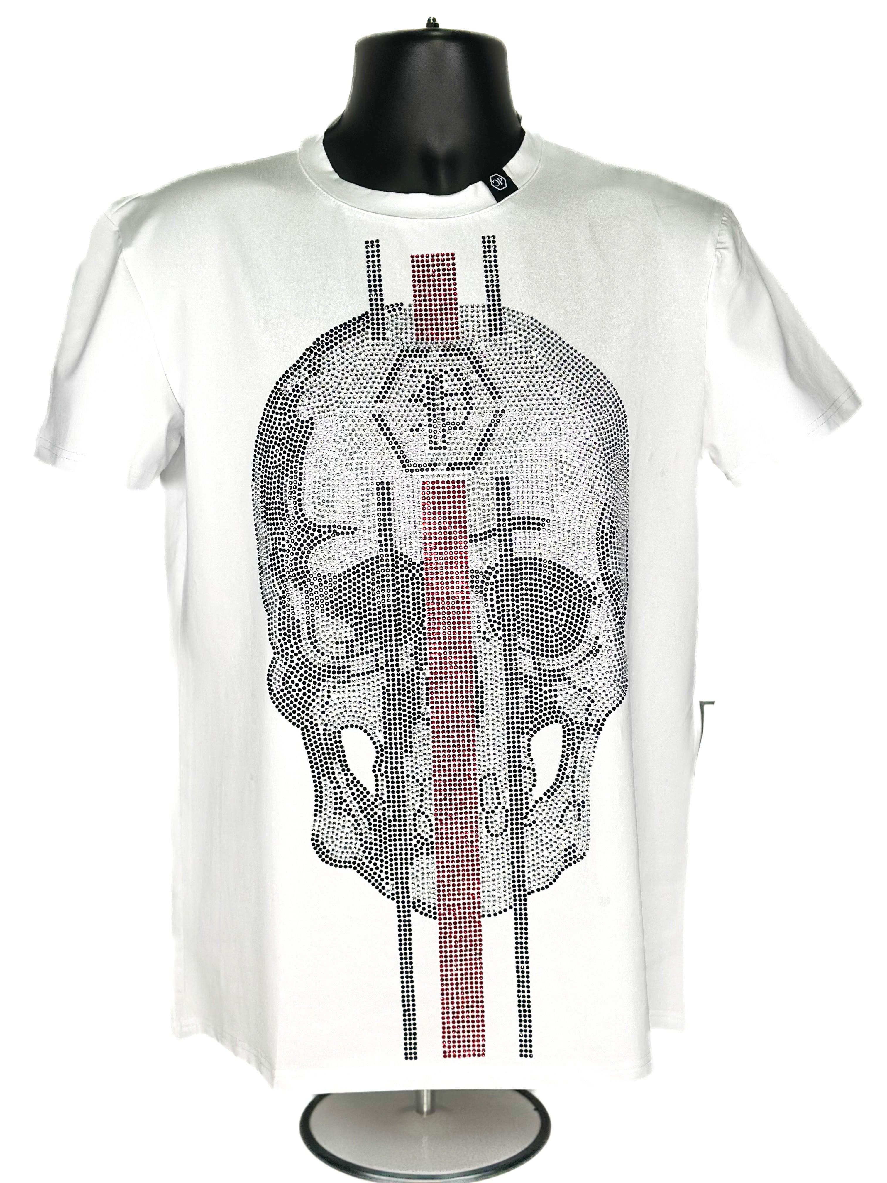 White t-shirt with rhinestone skull and Piedreros logo