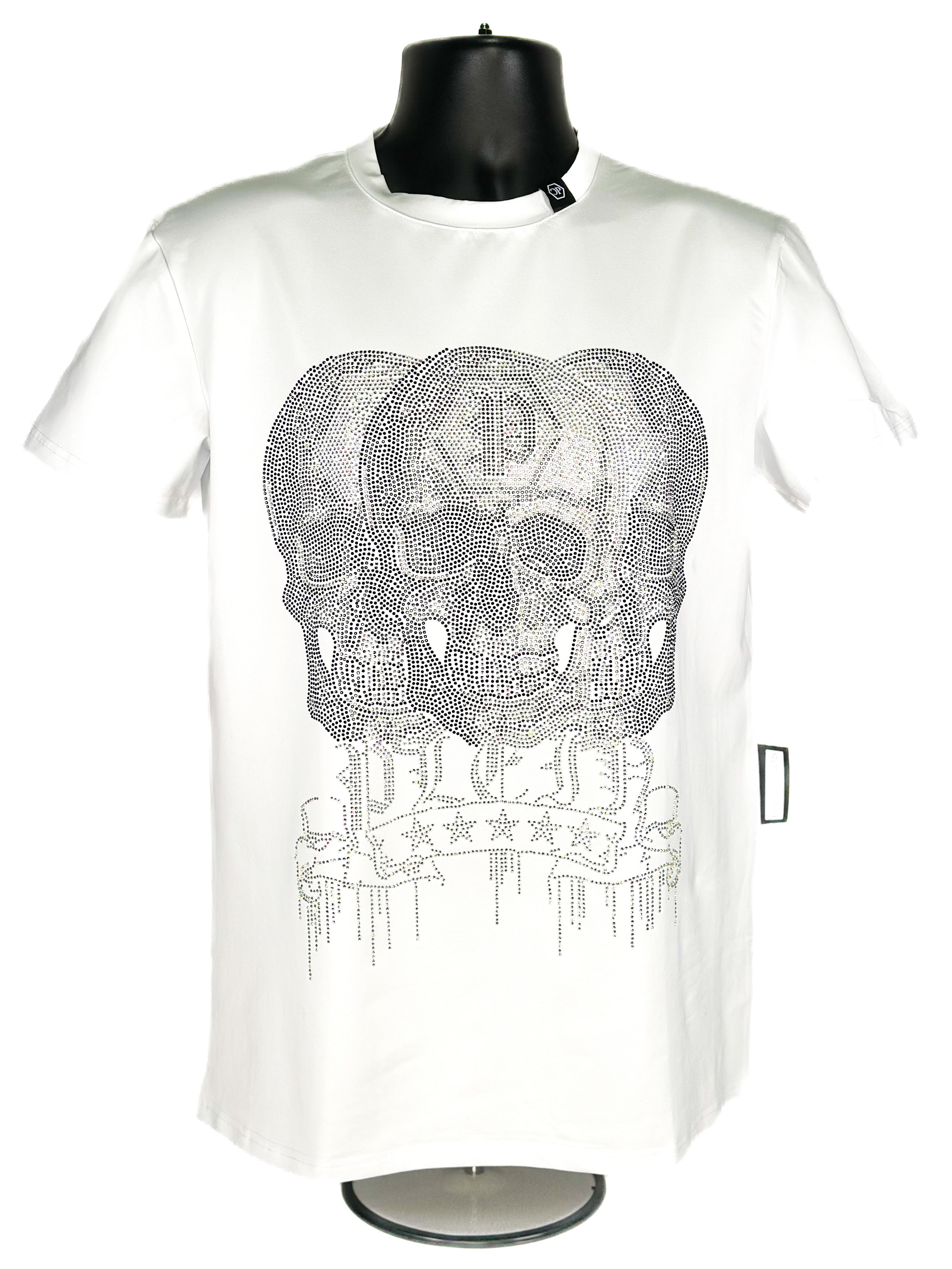 White t-shirt with a black triple skull design