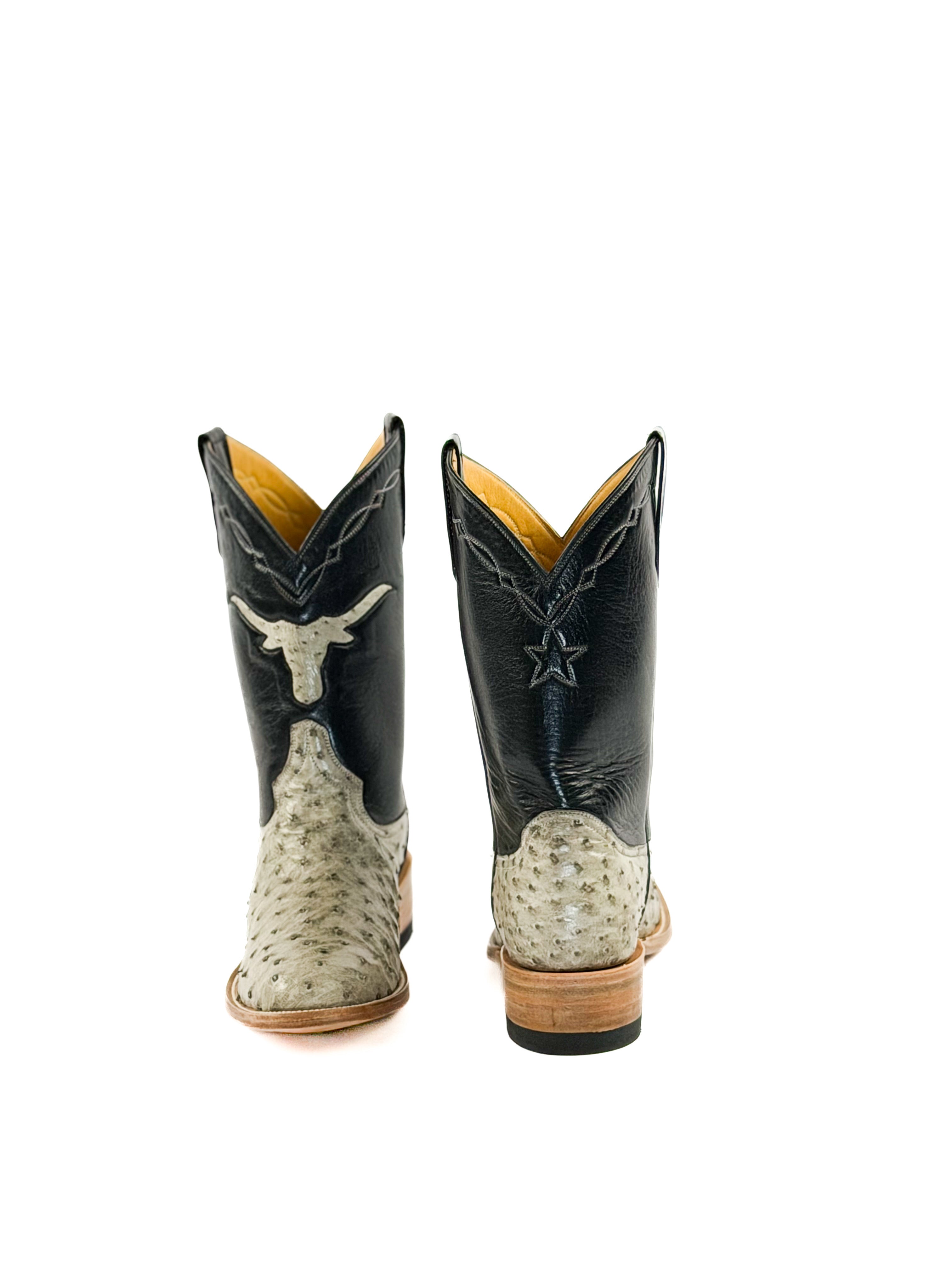 Pair of gray round toe boots with a black upper shaft and longhorn logo