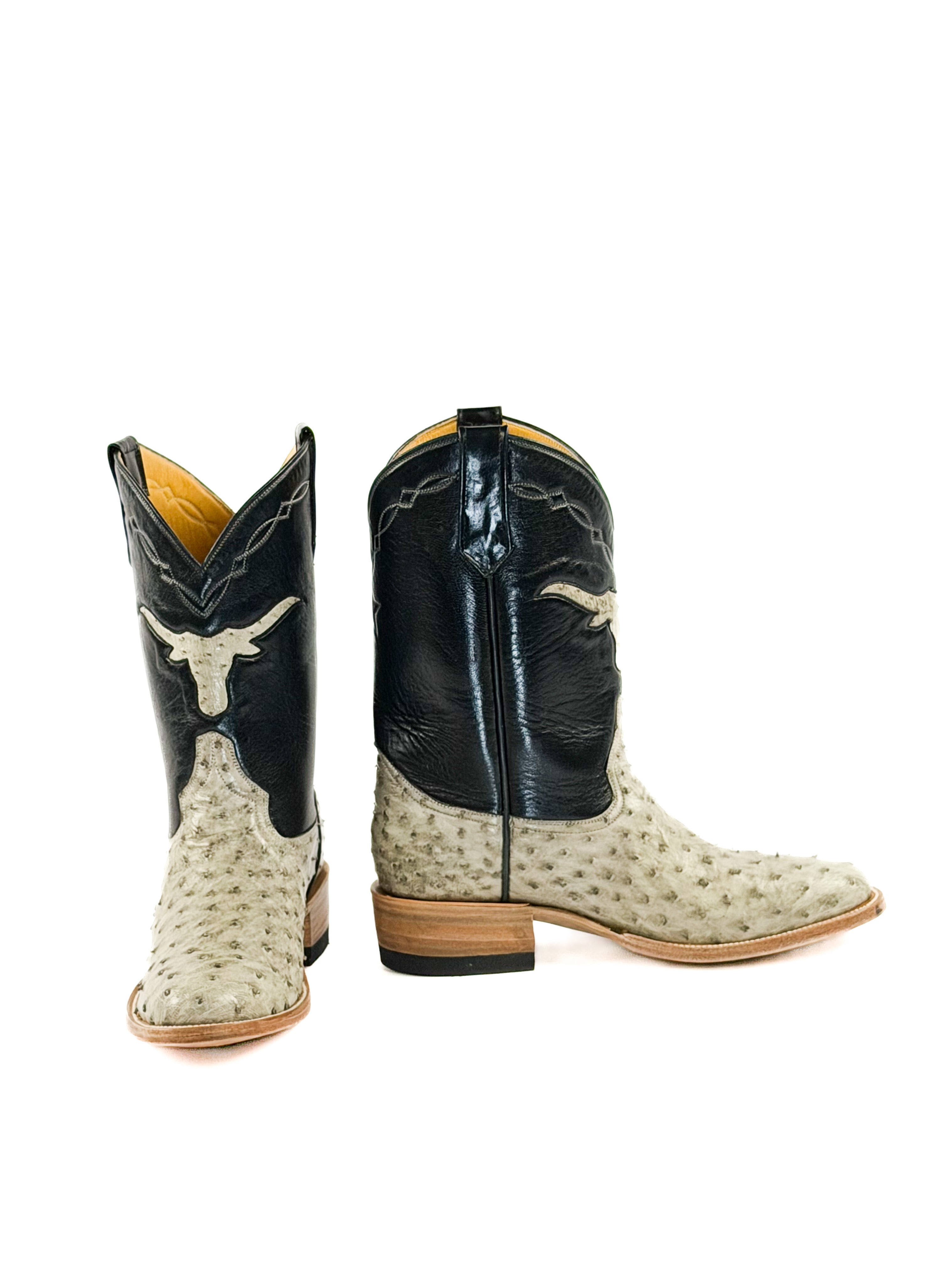 Pair of gray round toe boots with a black upper shaft and longhorn logo