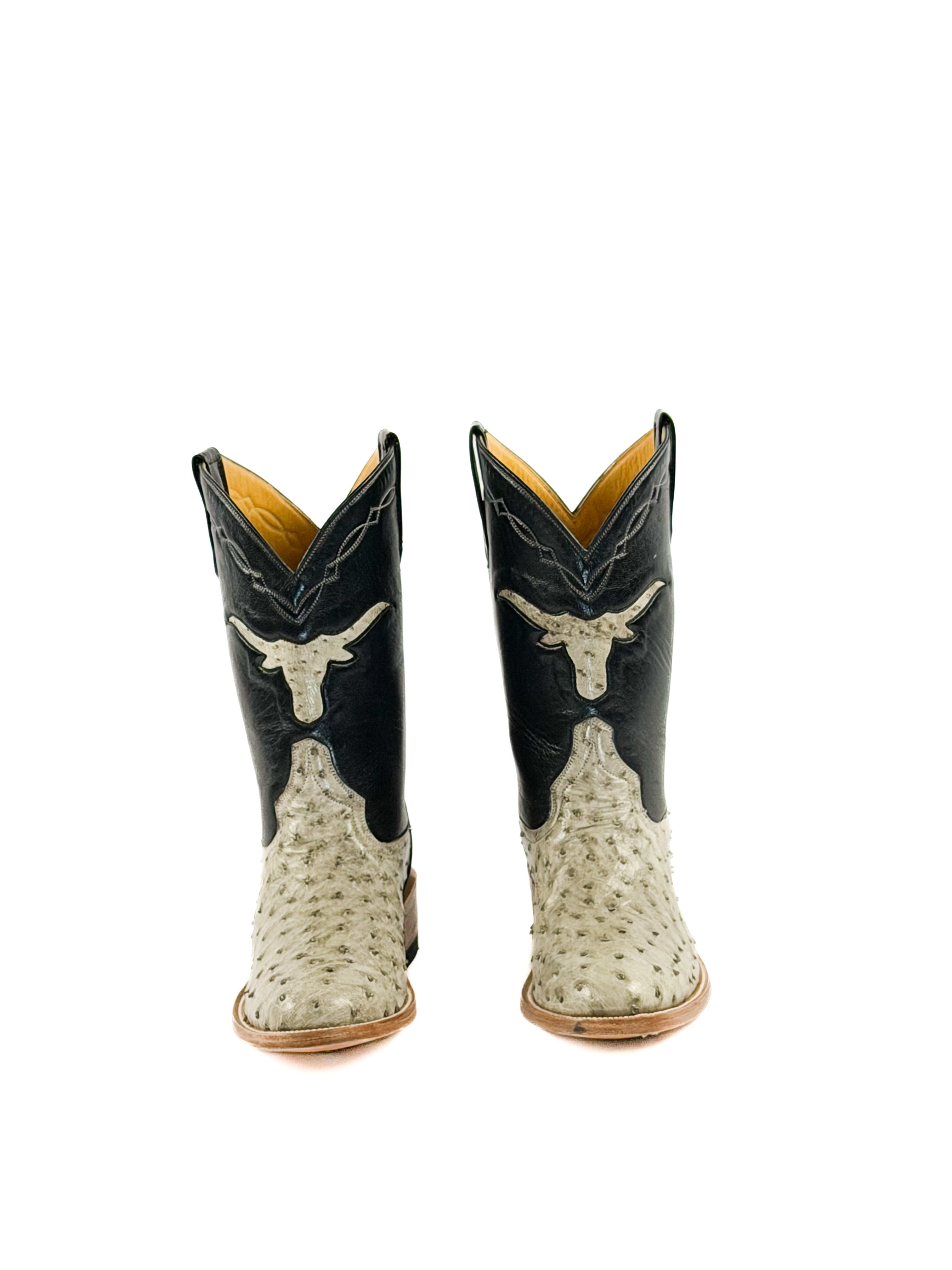 Pair of gray round toe boots with a black upper shaft and longhorn logo