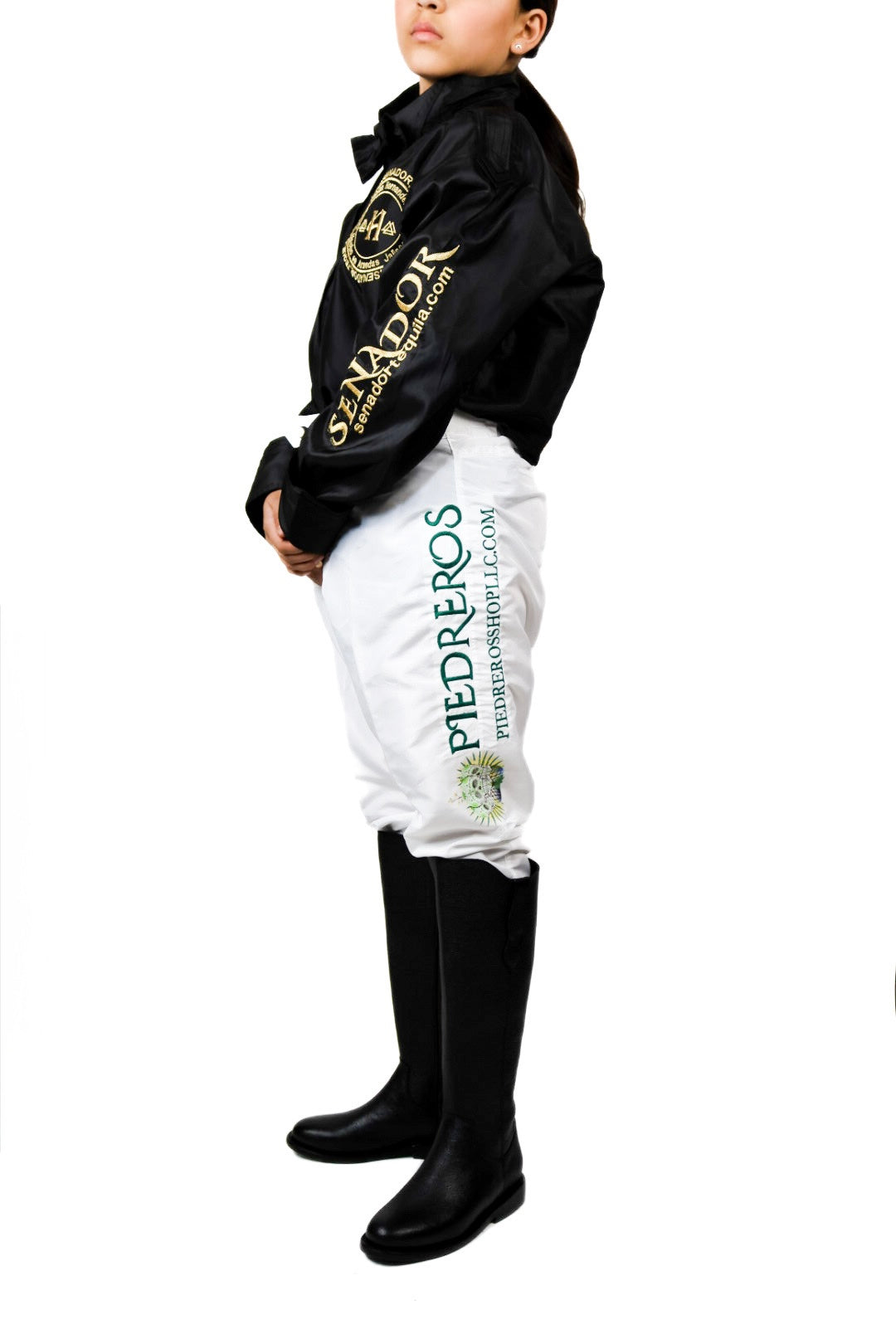 Piedreros triple skull white and green jockey pants