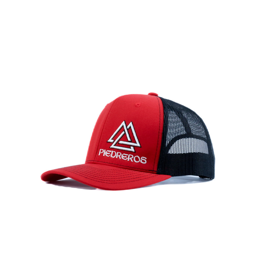 red and black mesh cap with white and black logo