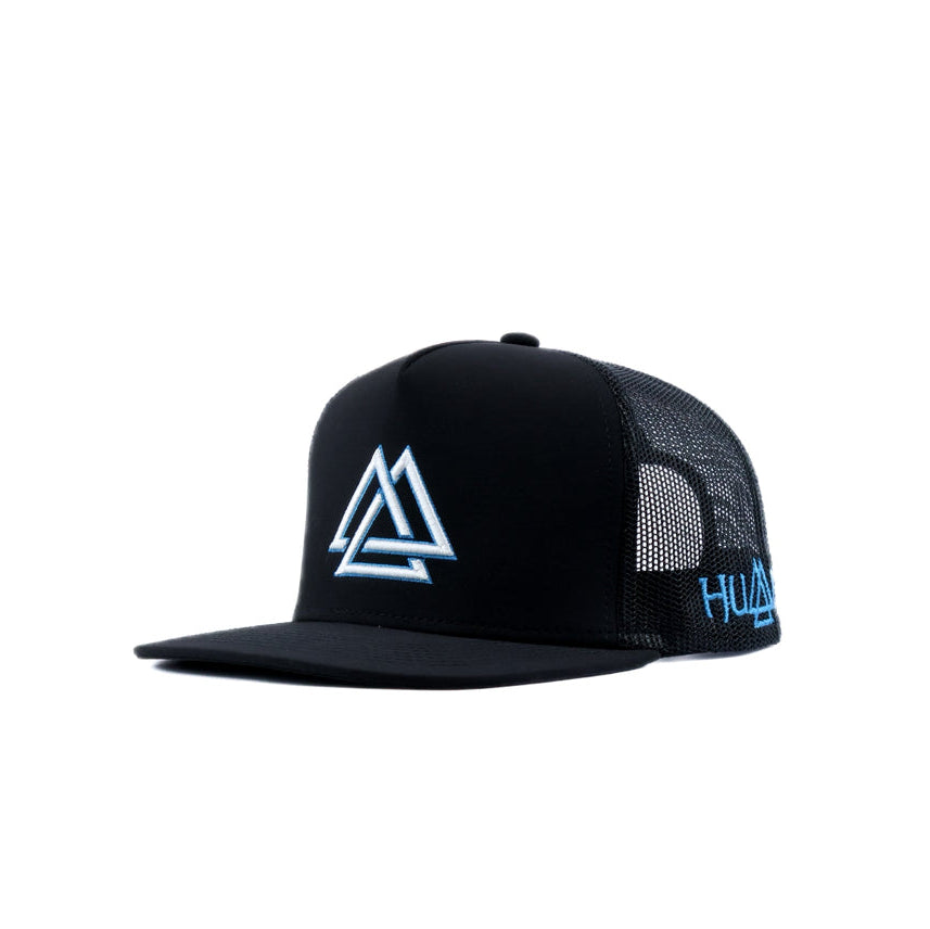Black mesh cap with white and blue logo
