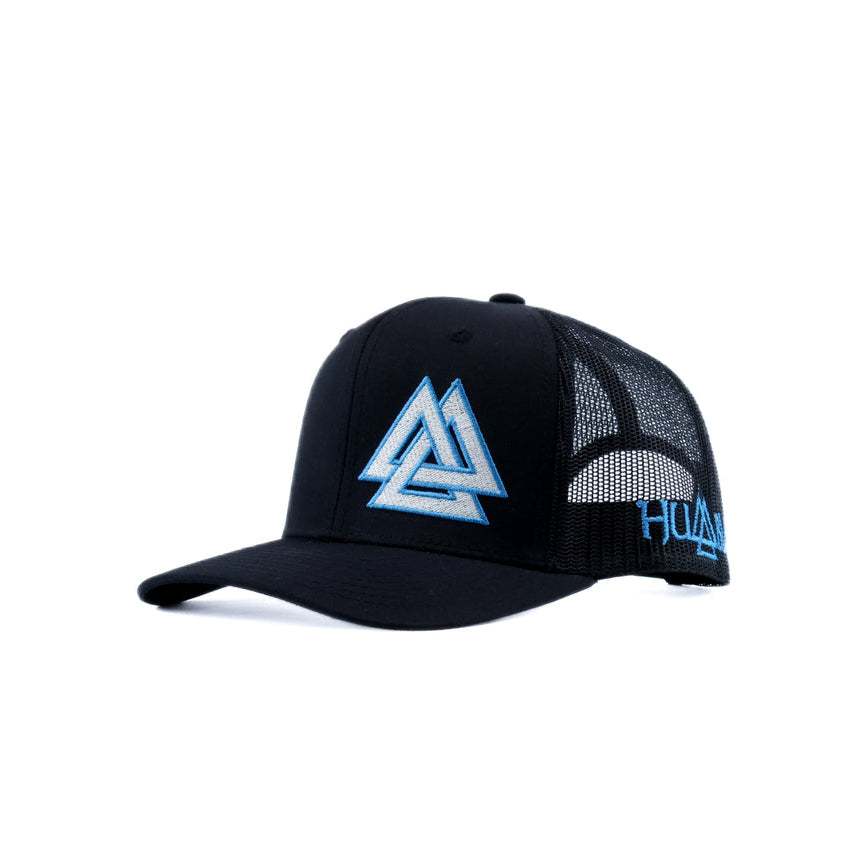 Black mesh cap with white and blue piedreros logo