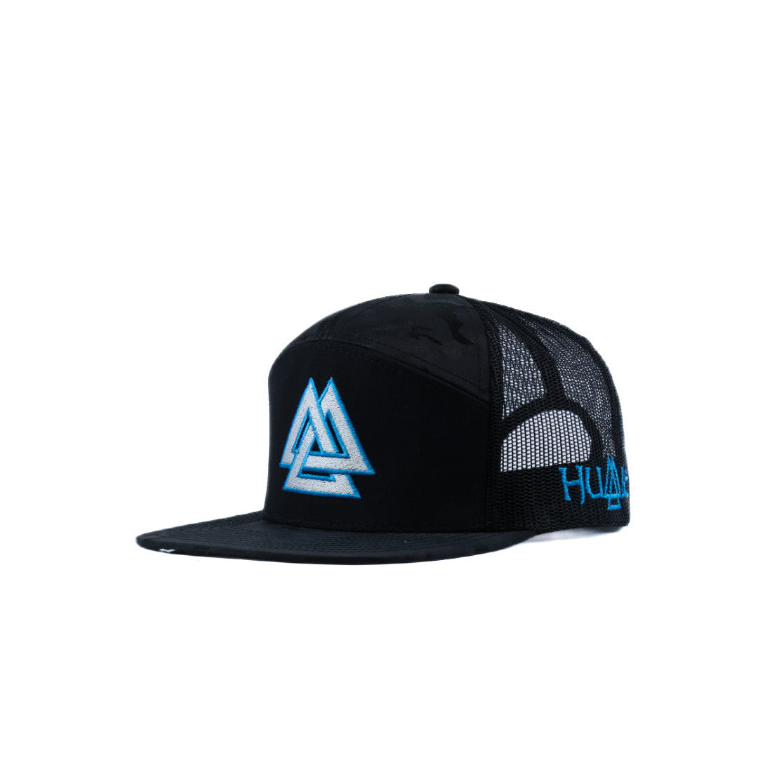 Black camo cap with white and blue logo