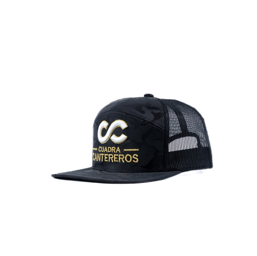 Black camo mesh cap with white and gold cantereros logo