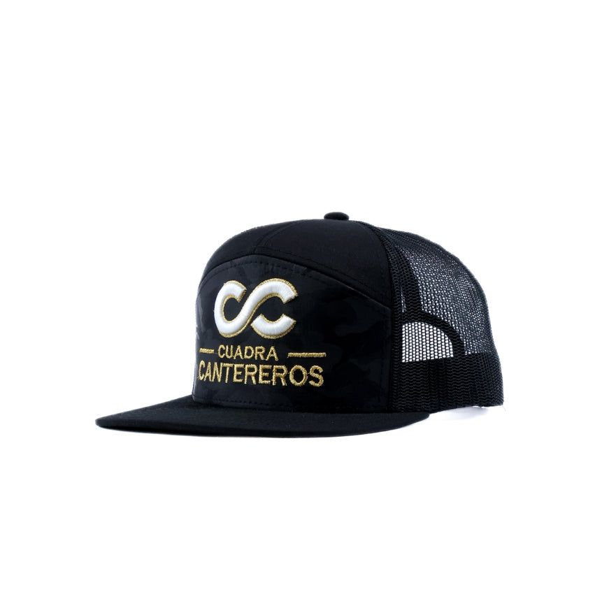 Black camo mesh cap with white and gold logo