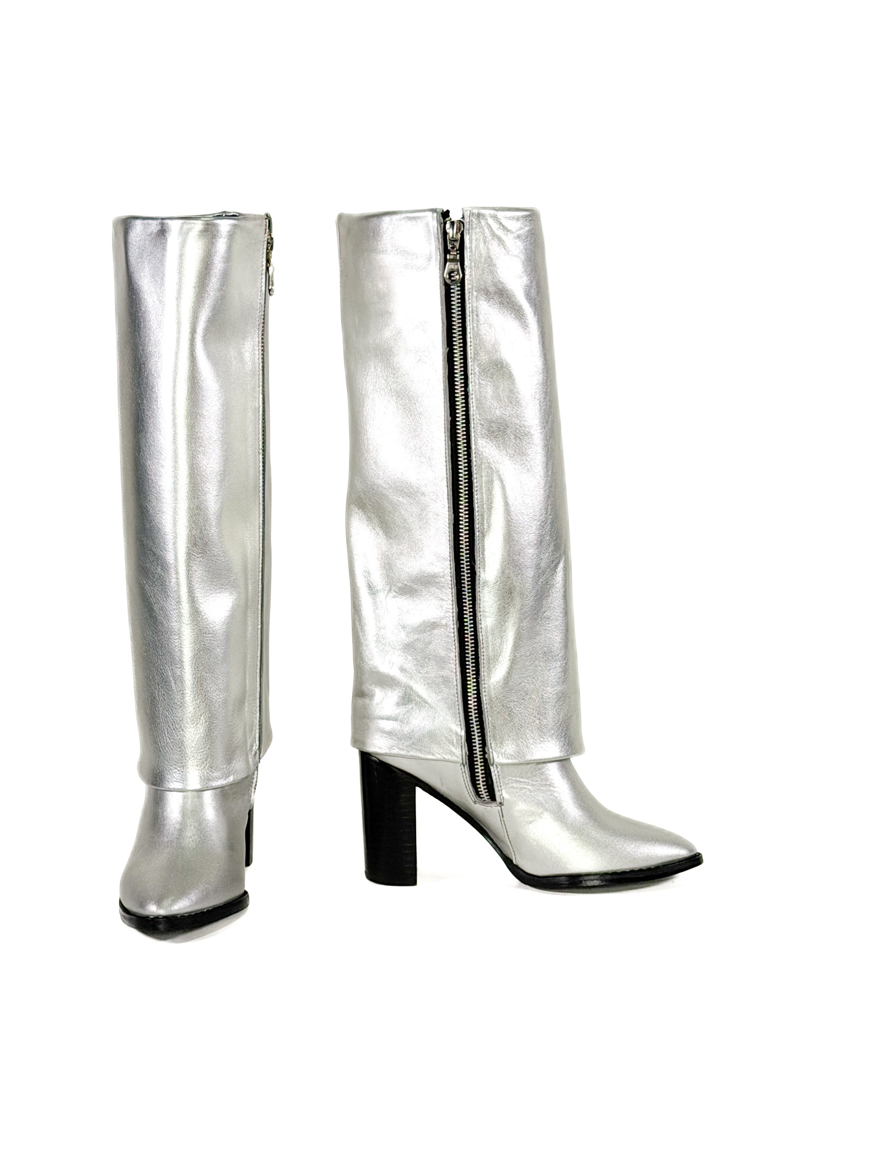 womens silver metallic leather zipper boots with block heel
