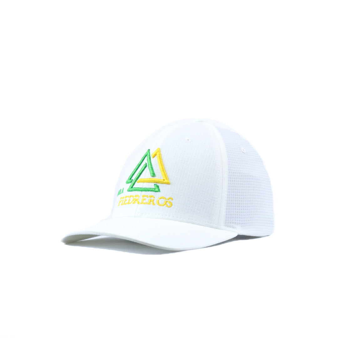 white cap with green and yellow tequila piedreros logo