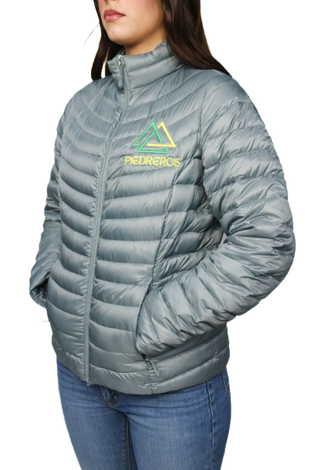 Black puffer jacket with piedreros logo
