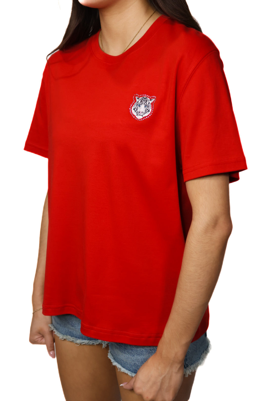 Red womens shirt snow leopard logo