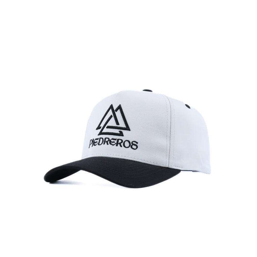 white cap with black logo and brim