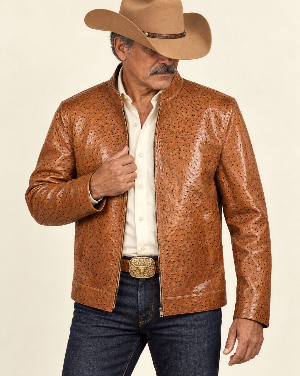 Corral Ostrich Jacket — worn with a honey felt hat and dark jeans