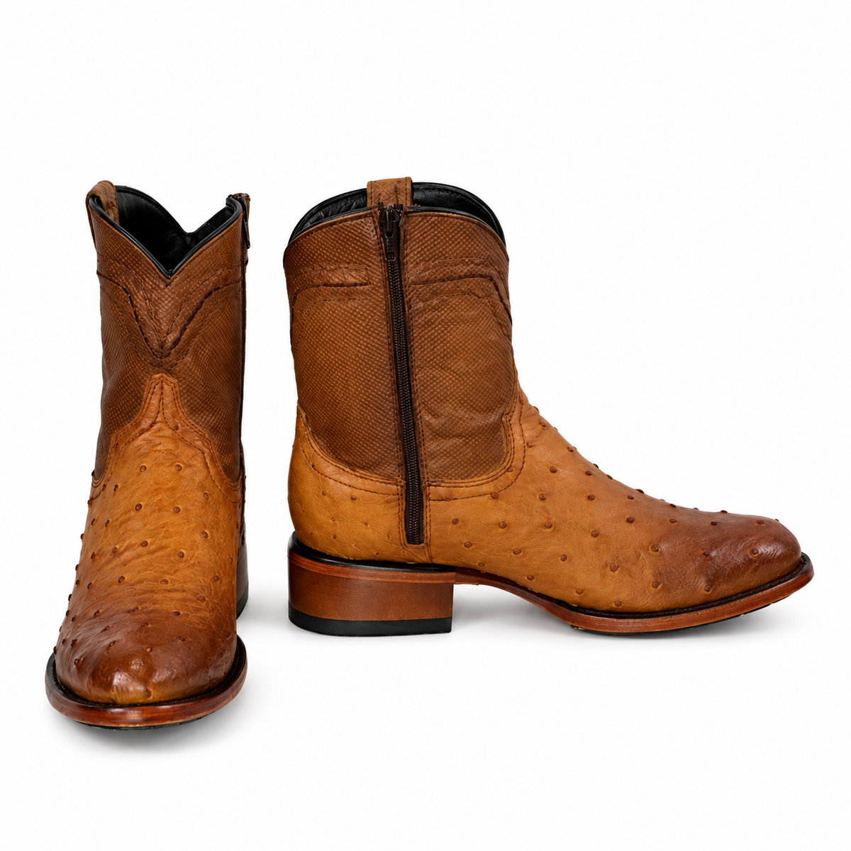 The Detmold — Ostrich Round Toe Men's Cowboy Boot, front and side view