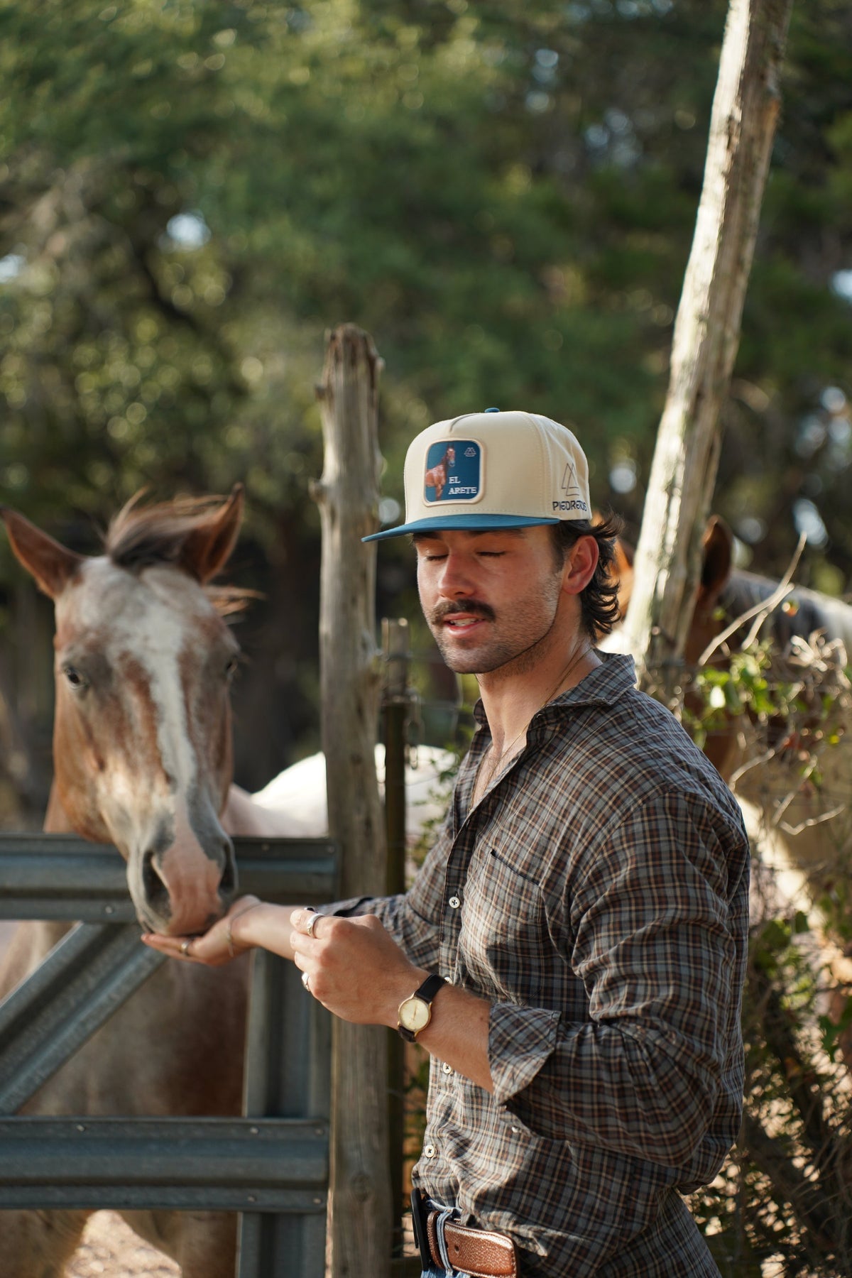 Trey in a Piedreros cap with a paint horse at the fence