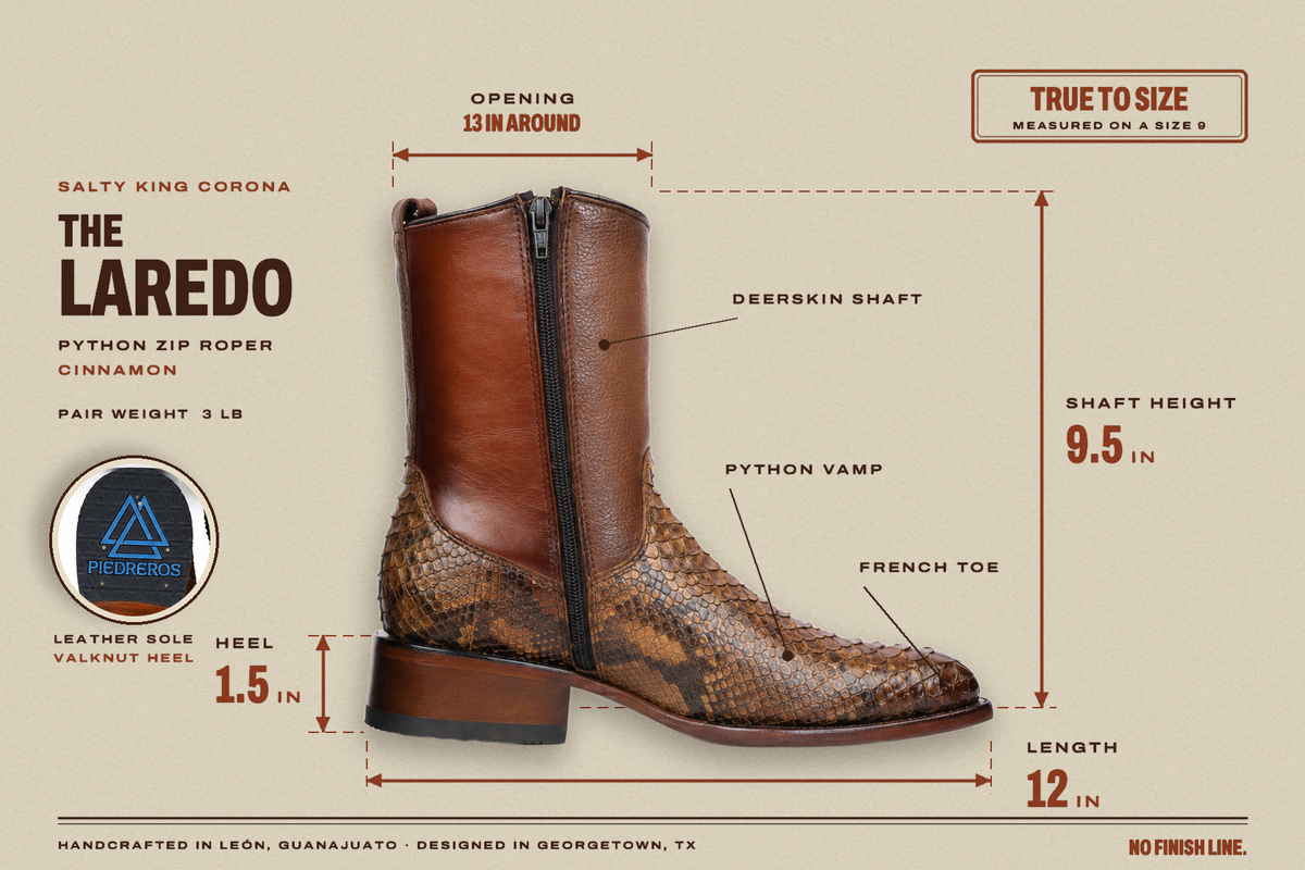 The Laredo measurements: shaft 9.5 in, heel 1.5 in, length 12 in, opening 13 in, size 9
