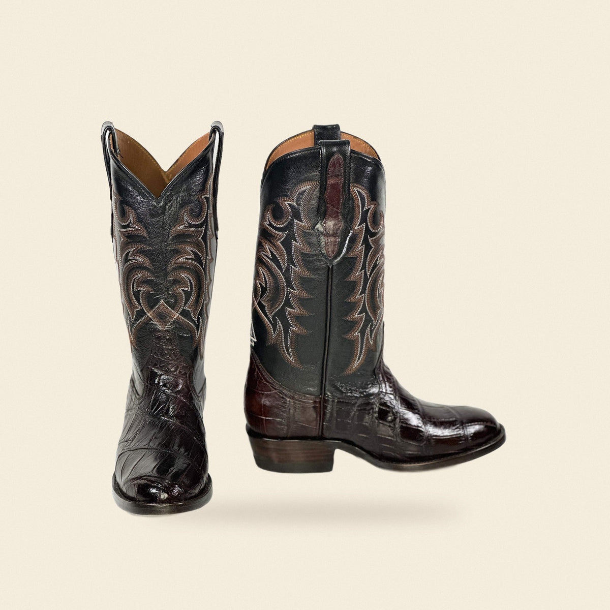 The Round Top — Alligator Men's Cowboy Boot, front and side view