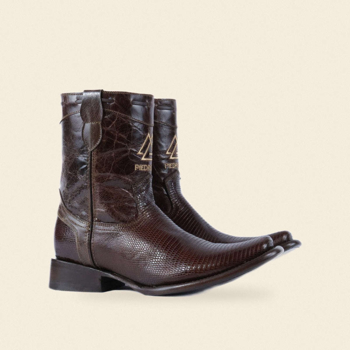 The Cayuga — Lizard Square Toe Men's Cowboy Boot, front and side view